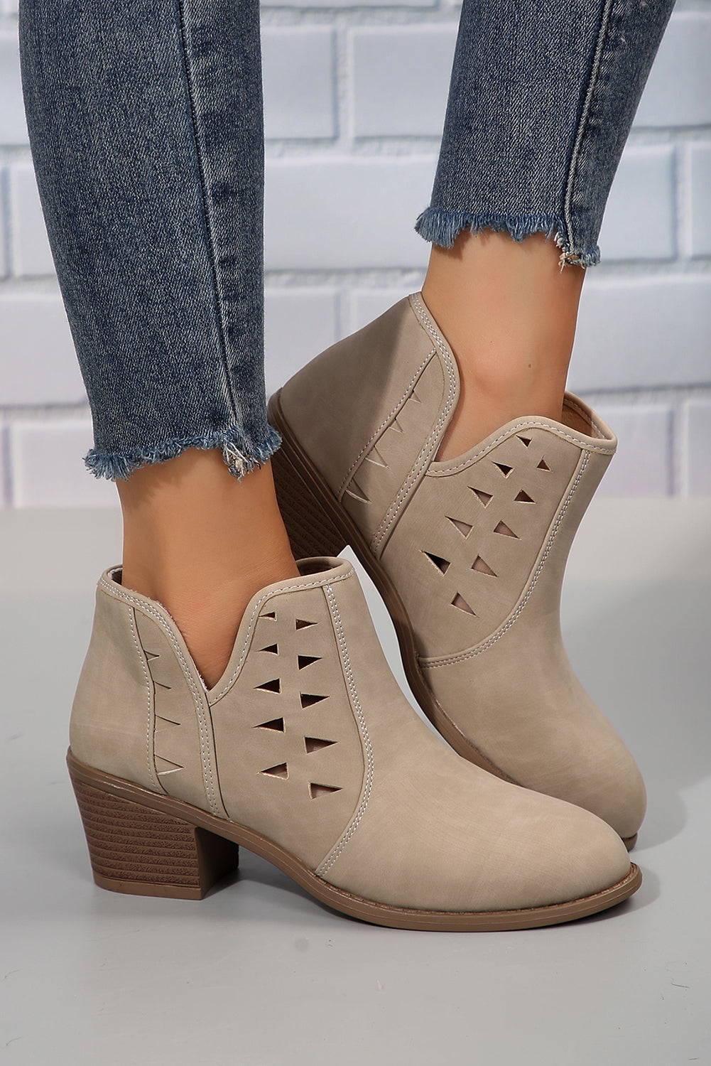 Parchment Cut Out Suede Pointed Toe Heeled Ankle Boots 🇺🇸