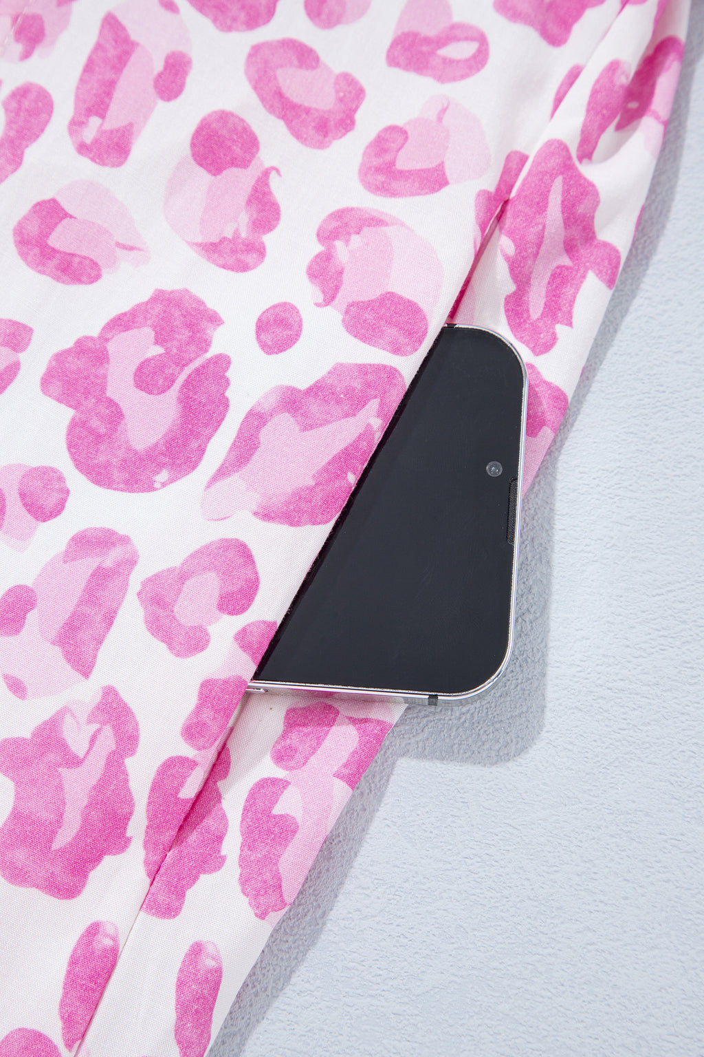 Pink Abstract Leopard Print Tie Waist Puff Sleeve Mini Shirt Dress 🇺🇸