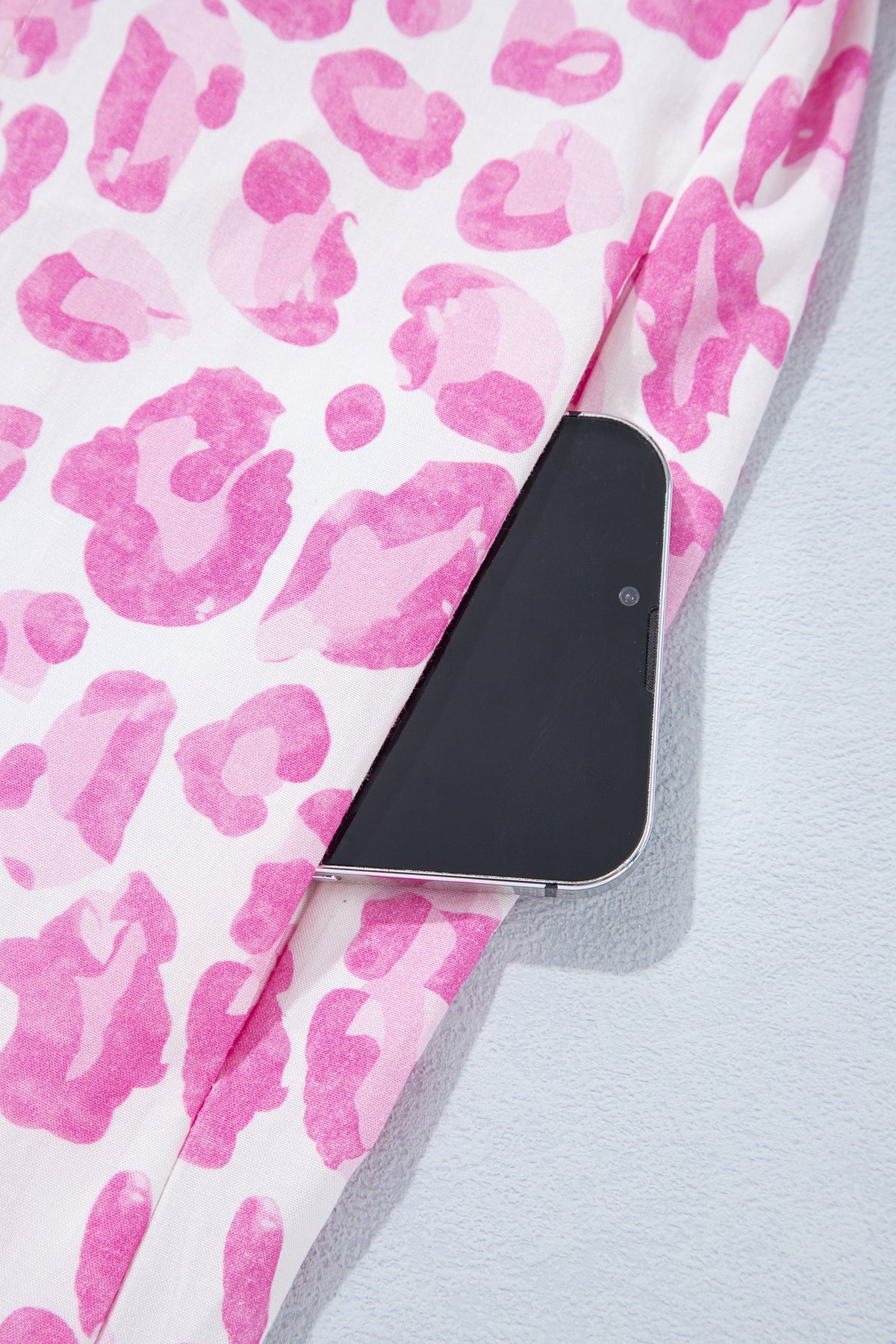 Pink Abstract Leopard Print Tie Waist Puff Sleeve Mini Shirt Dress 🇺🇸