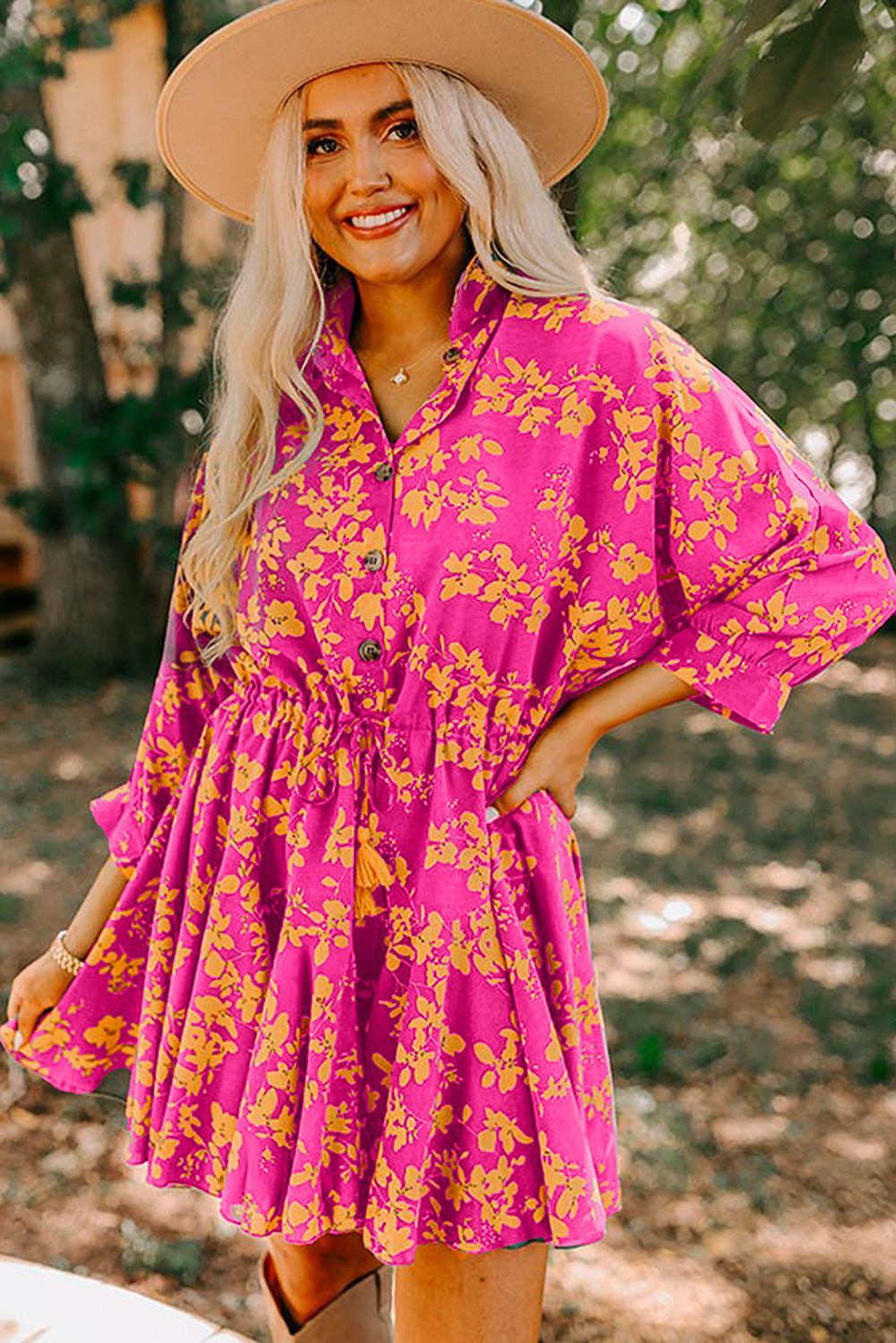 Pink Floral Print Drawstring Tunic Flowy Short Dress 🇺🇸