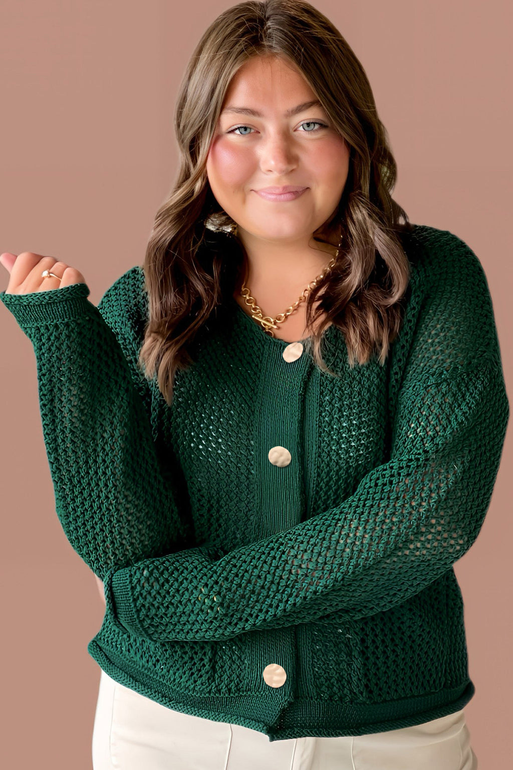 Blackish Green Plus Size Golden Accent Buttons Short Sweater Cardigan 🇺🇸