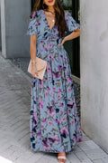 Sky Blue Fiery Floral Print Frilled V Neck Short Sleeve Maxi Dress 🇺🇸
