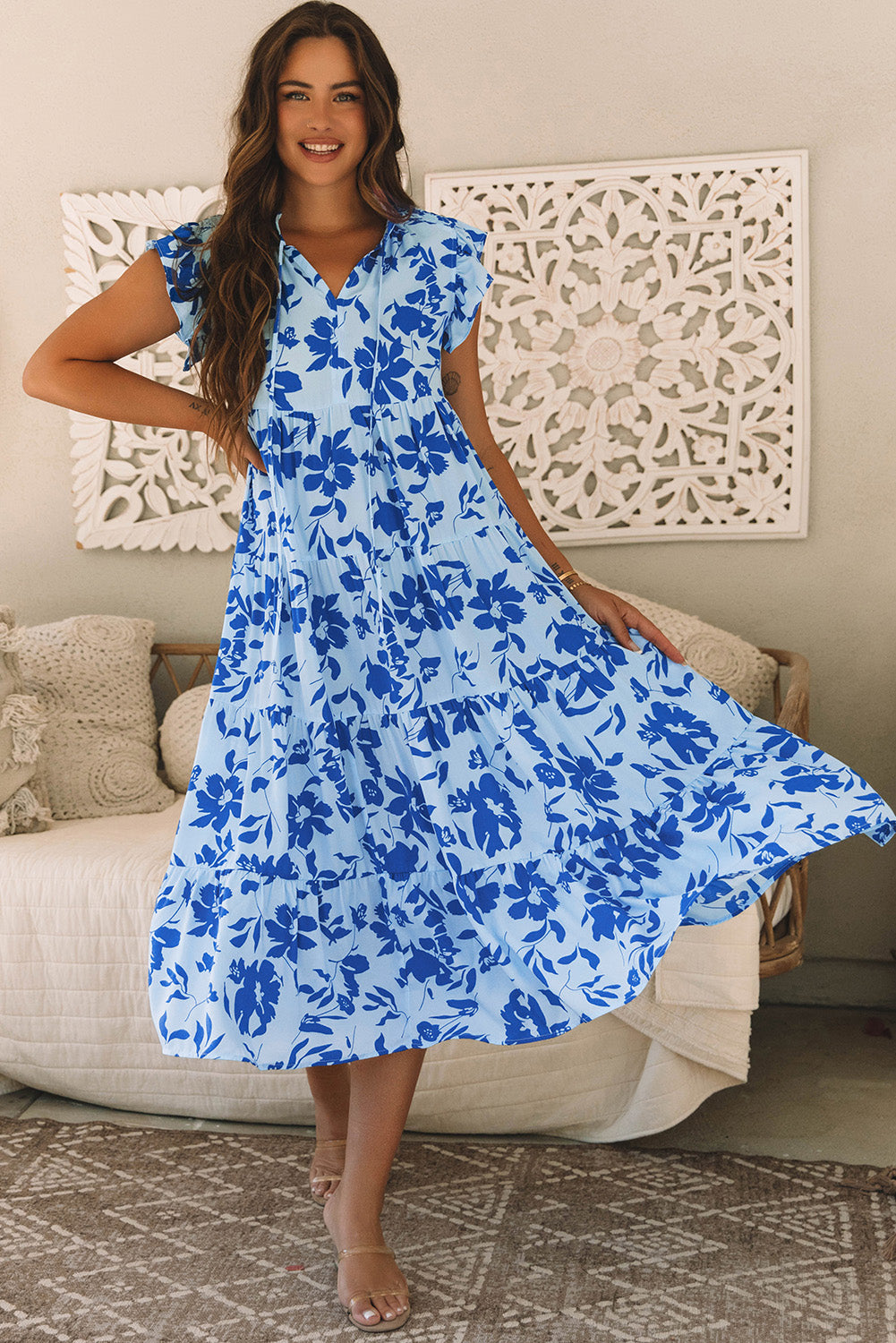 Sky Blue Floral Print Tiered Frilled Trim Flutter Sleeve Maxi Dress 🇨🇳