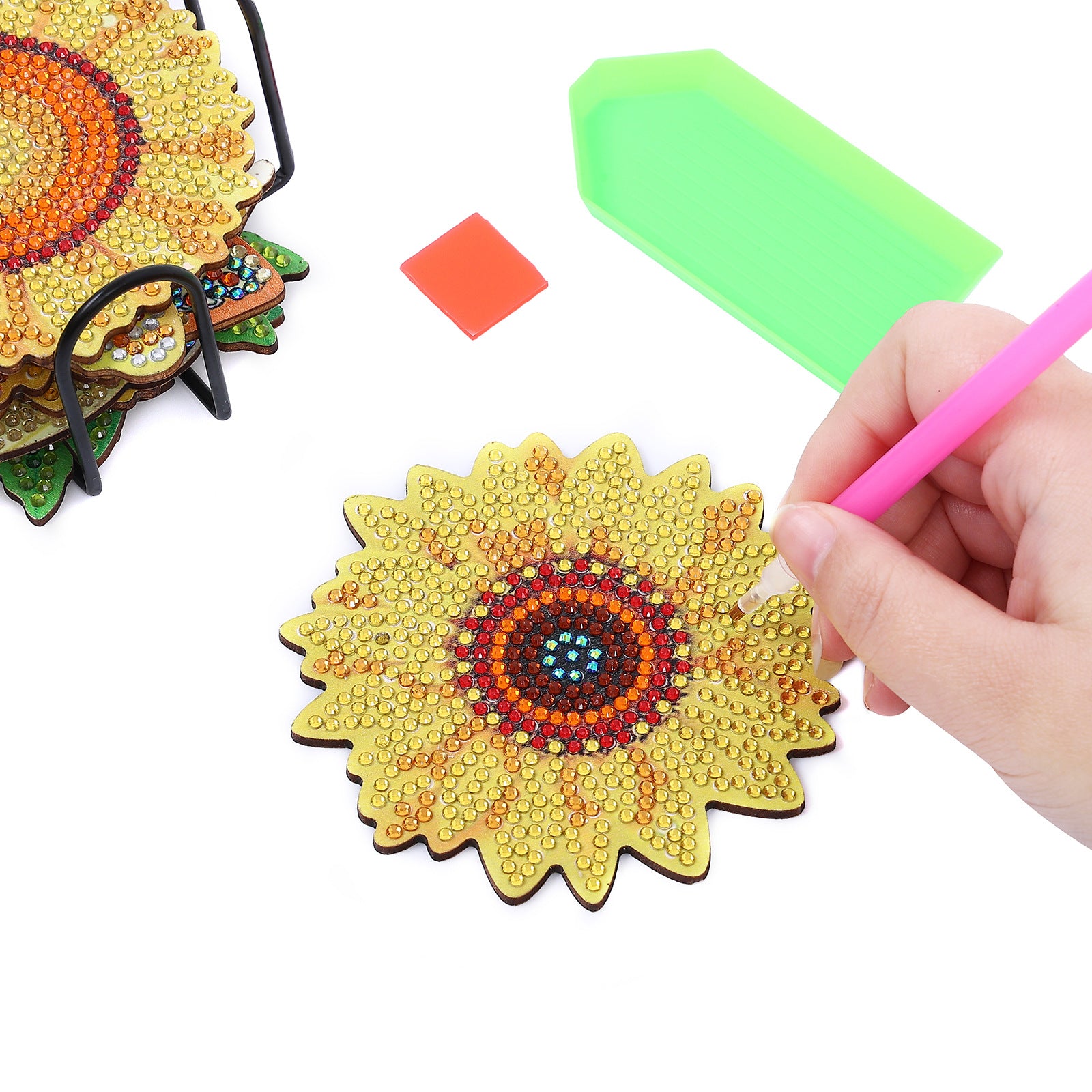 10 Pieces DIY Crystal Glitter Diamond Painted Wooden Art Coaster With Stand Sunflower Style 🇨🇳