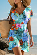 Sky Blue Tropical Print V Neck Semi Sheer Beach Cover Up Dress 🇺🇸
