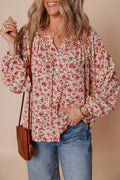 Red Floral Print Pleated Detail Notched Neck Puff Sleeve Blouse 🇺🇸