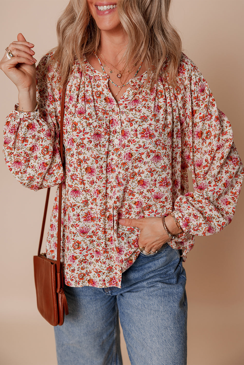 Red Floral Print Pleated Detail Notched Neck Puff Sleeve Blouse 🇺🇸