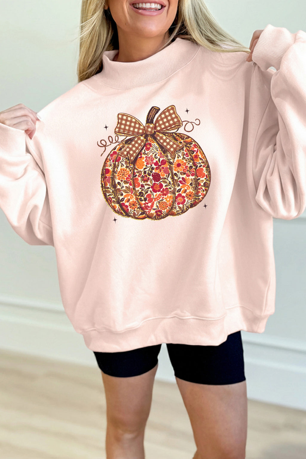 Apricot Pink Floral Pumpkin Graphic Mock Neck Oversized Sweatshirt 🇺🇸