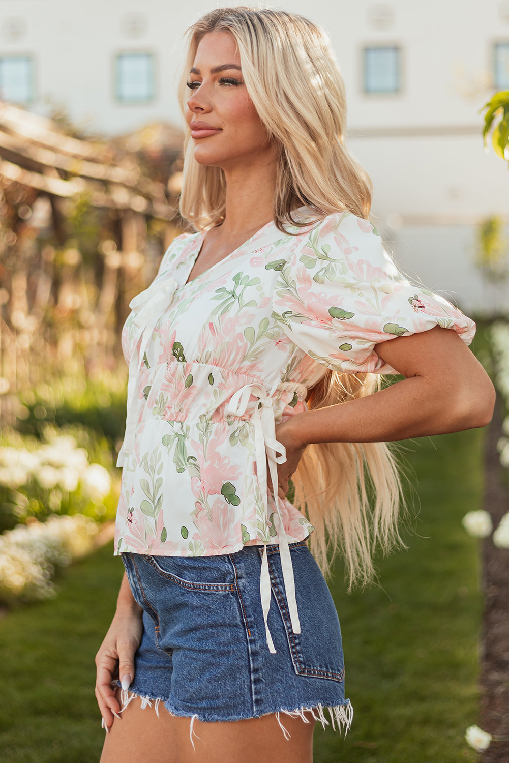 Pink Floral Puff Sleeve V Neck Tied Front Peplum Blouse 🇨🇳