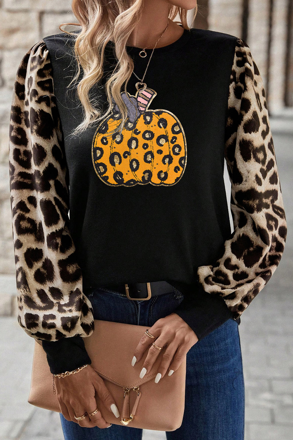 Khaki Leopard Sleeve Pumpkin Print Graphic Knit Top