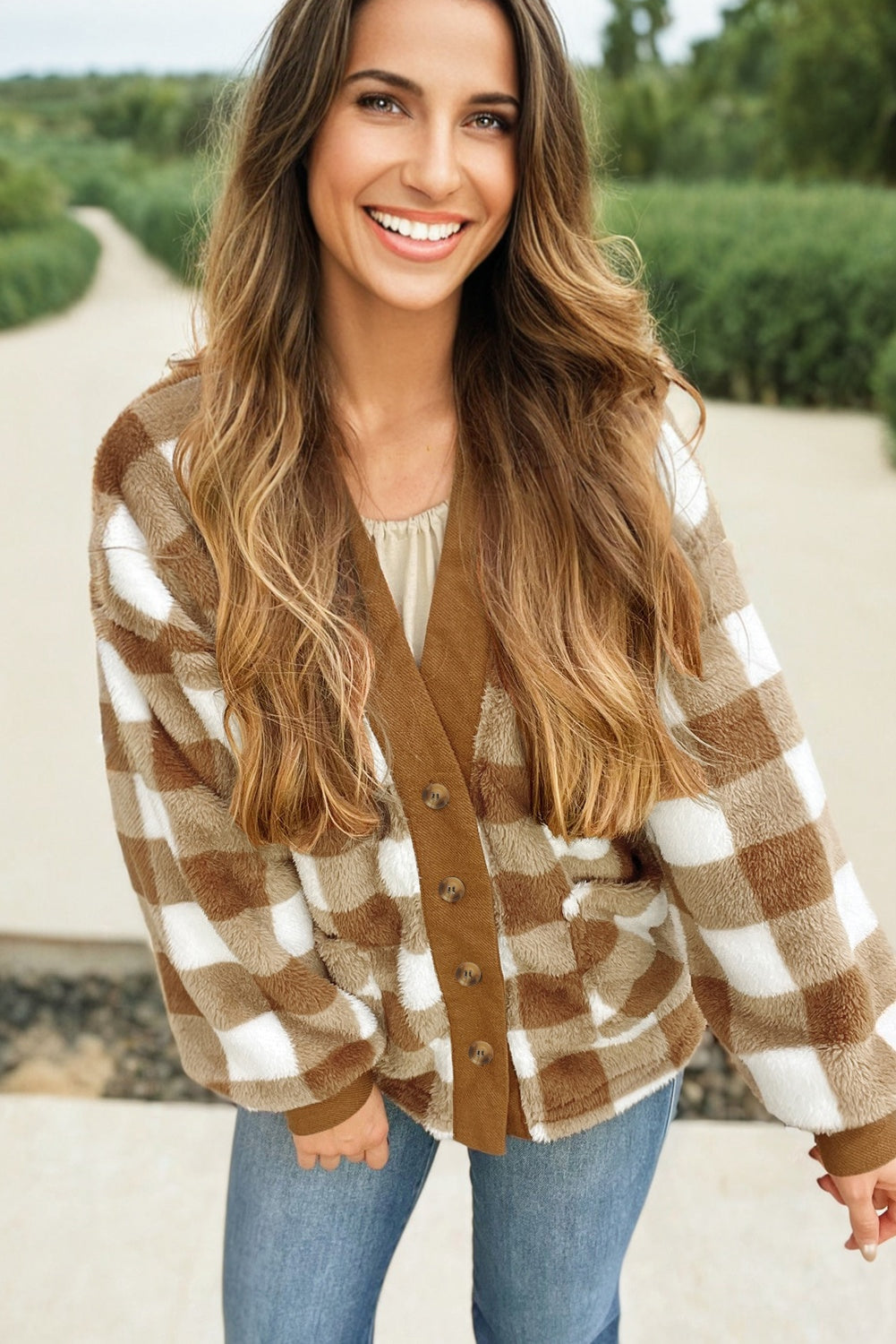 Brown Checkered Sherpa Loose Knit Cardigan with Pockets 🇺🇸
