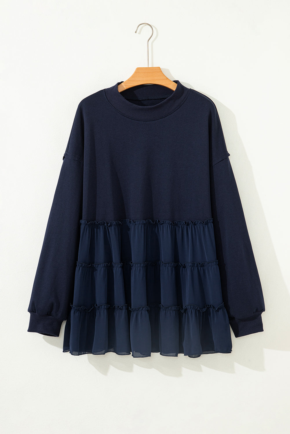 Navy Blue Tiered Ruffle Ribbed Crew Neck Pullover Plus Size Top 🇺🇸