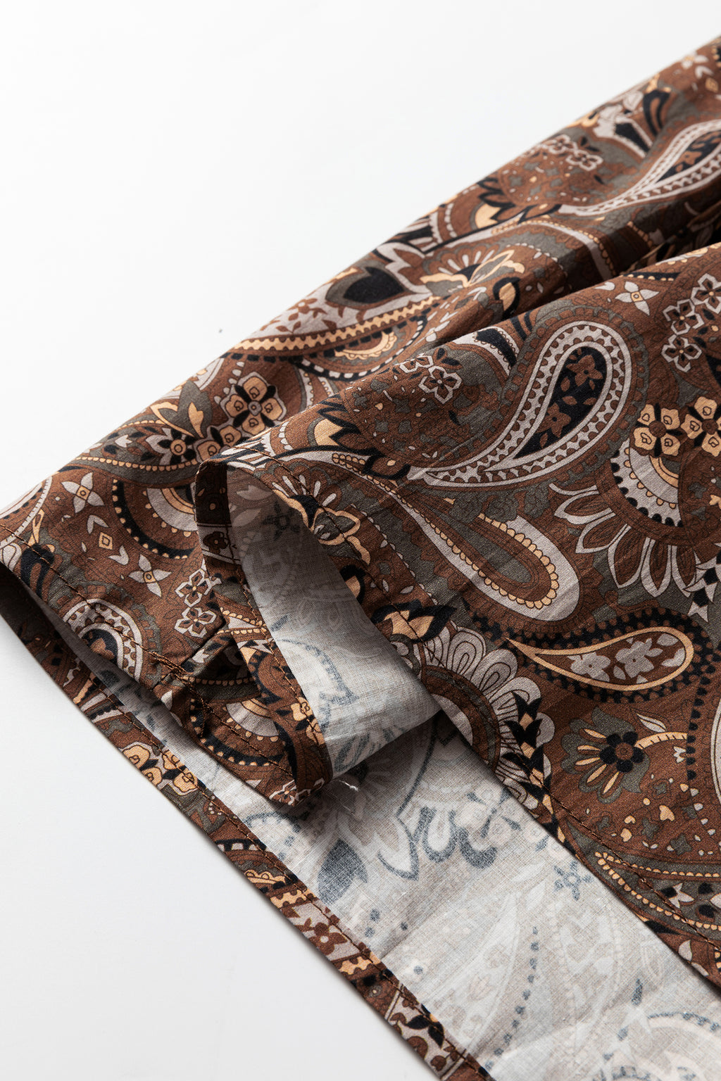 Brown Paisley Print Half Buttons Puff Sleeve Flowy Short Dress 🇺🇸