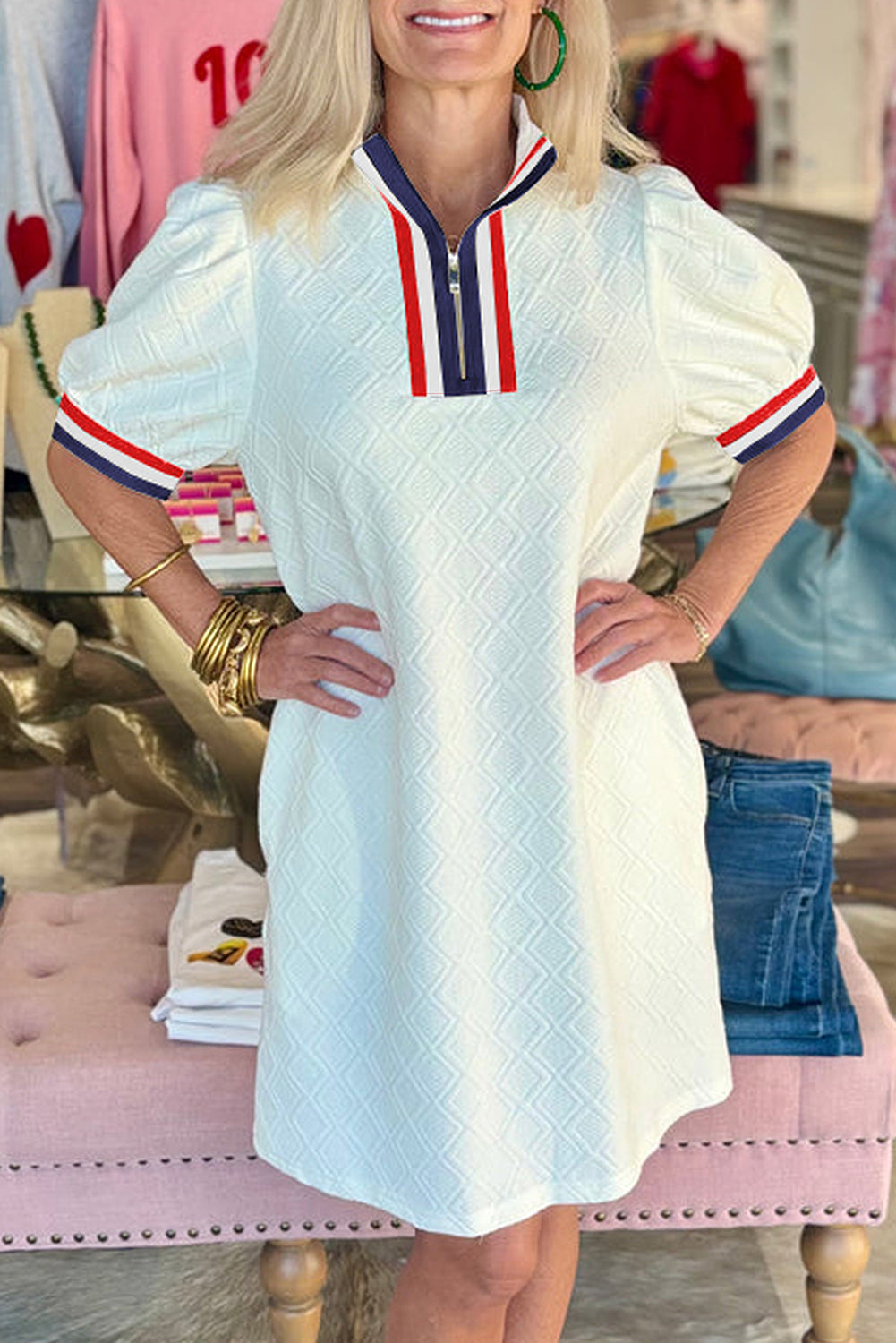 White Textured Jacquard Colorblock Edge Puff Sleeve Quarter Zip Mini Dress 🇨🇳
