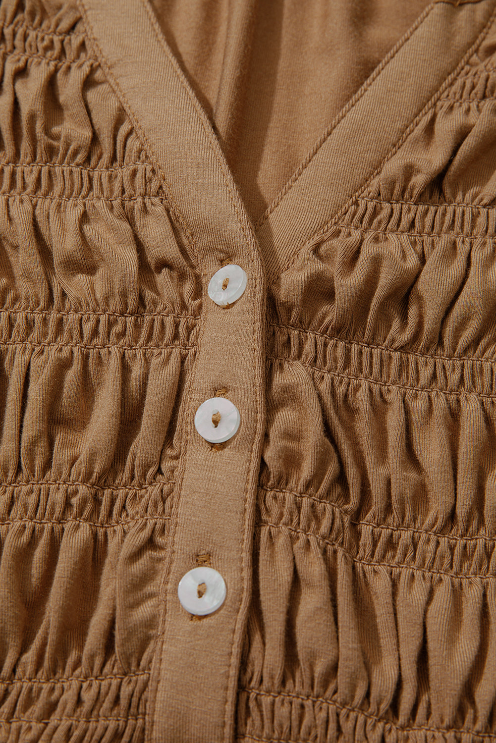 Cinnamon Smocked Bust Buttoned Split V Neck Flow Fit Blouse 🇺🇸