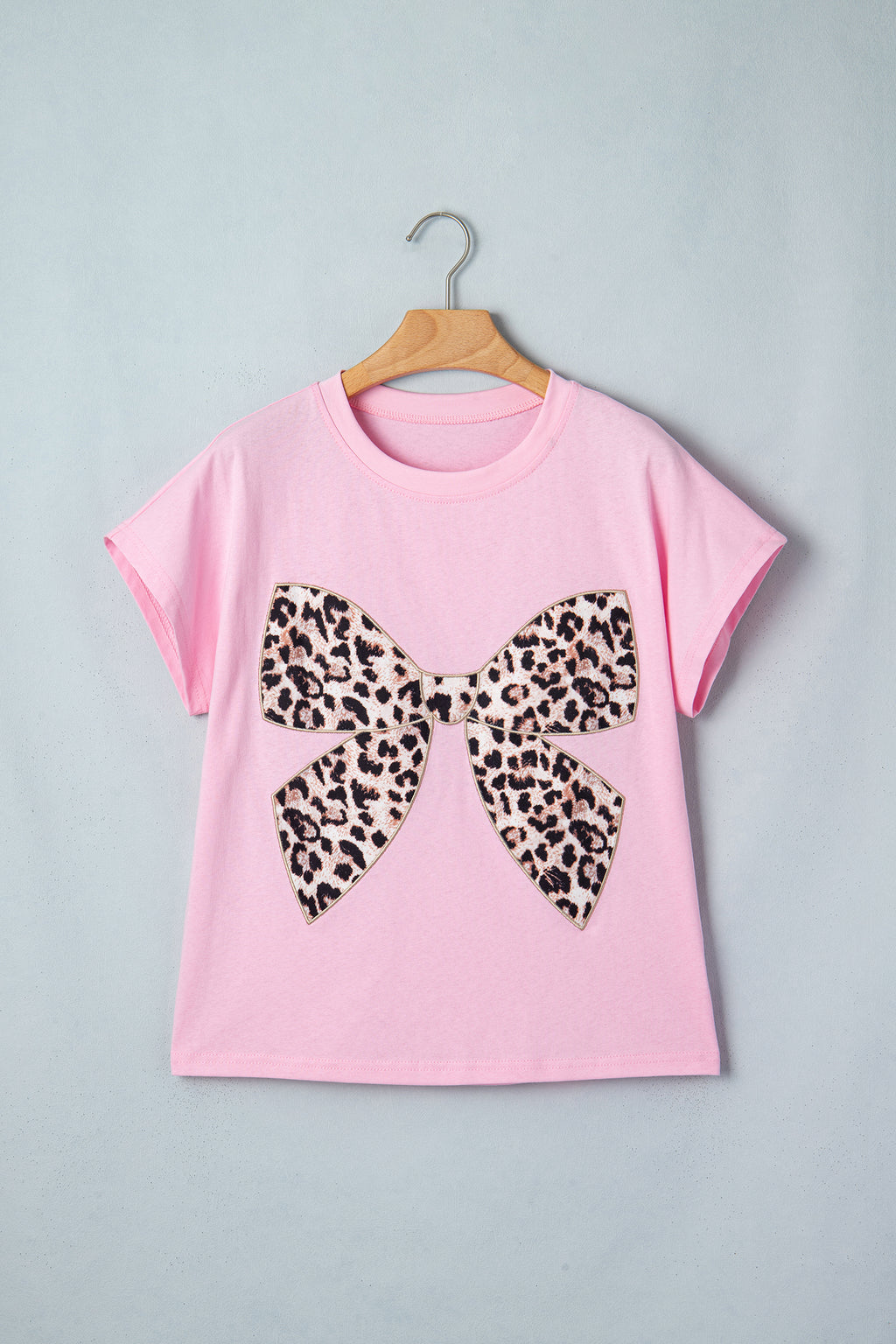Pink Leopard Bow Embroidered Cotton Round Neck T Shirt 🇺🇸