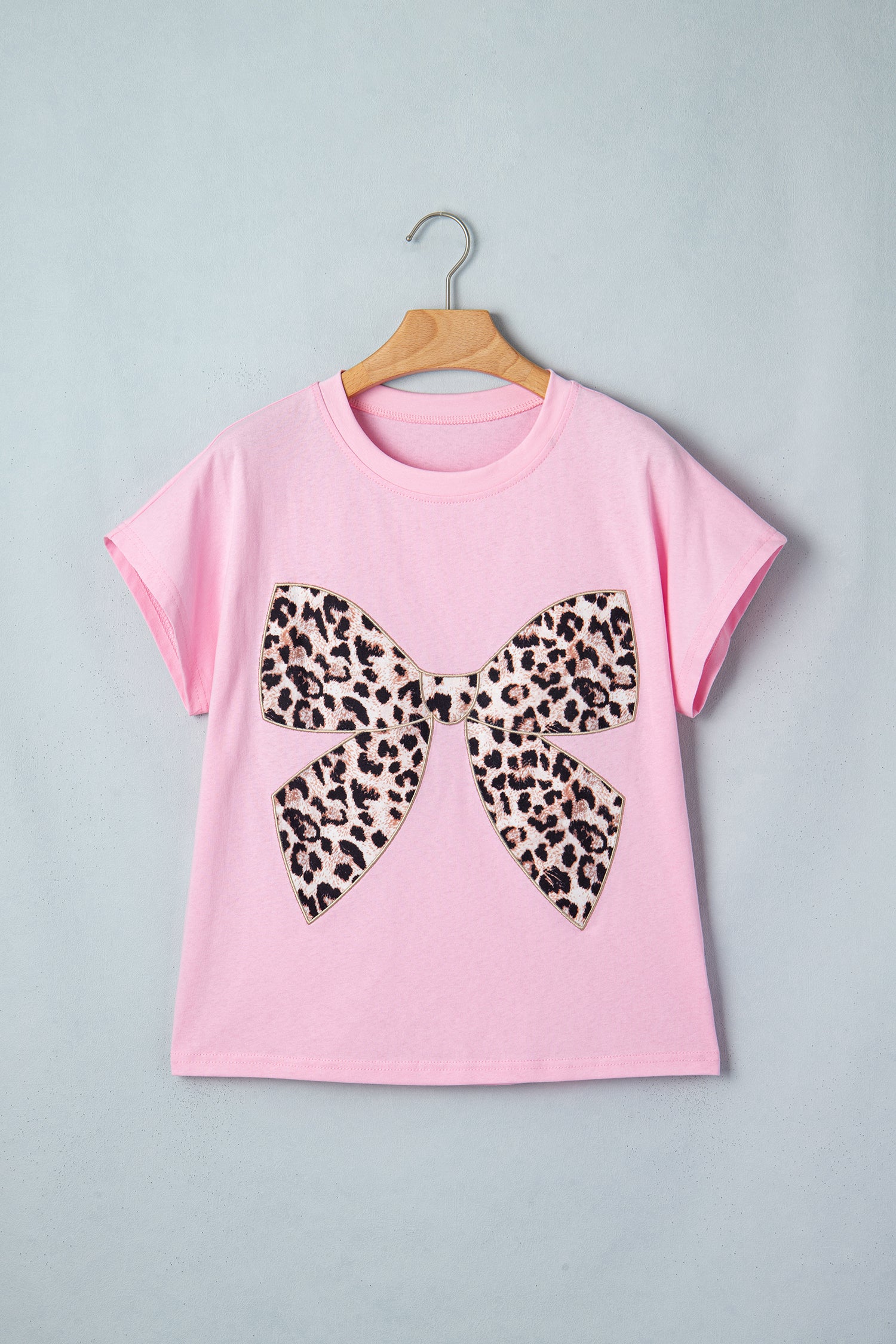 Pink Leopard Bow Embroidered Cotton Round Neck T Shirt 🇺🇸