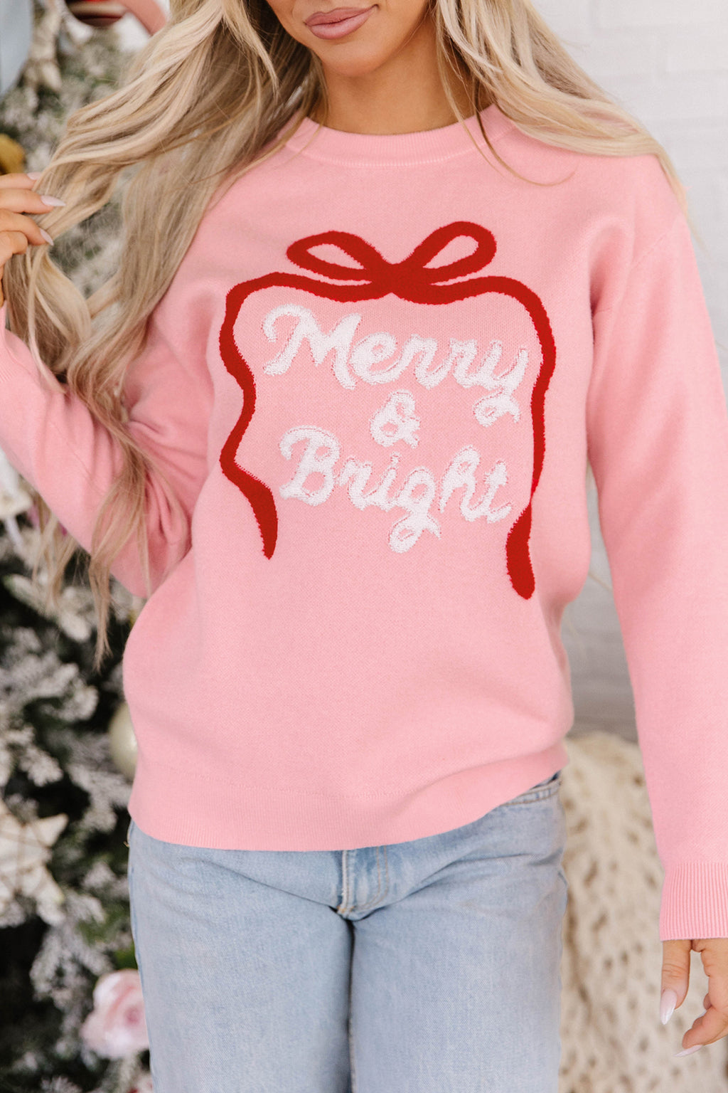 Gossamer Pink Drop Shoulder Round Neck Towel Embroidery Slogan Pullover Sweater 🇺🇸