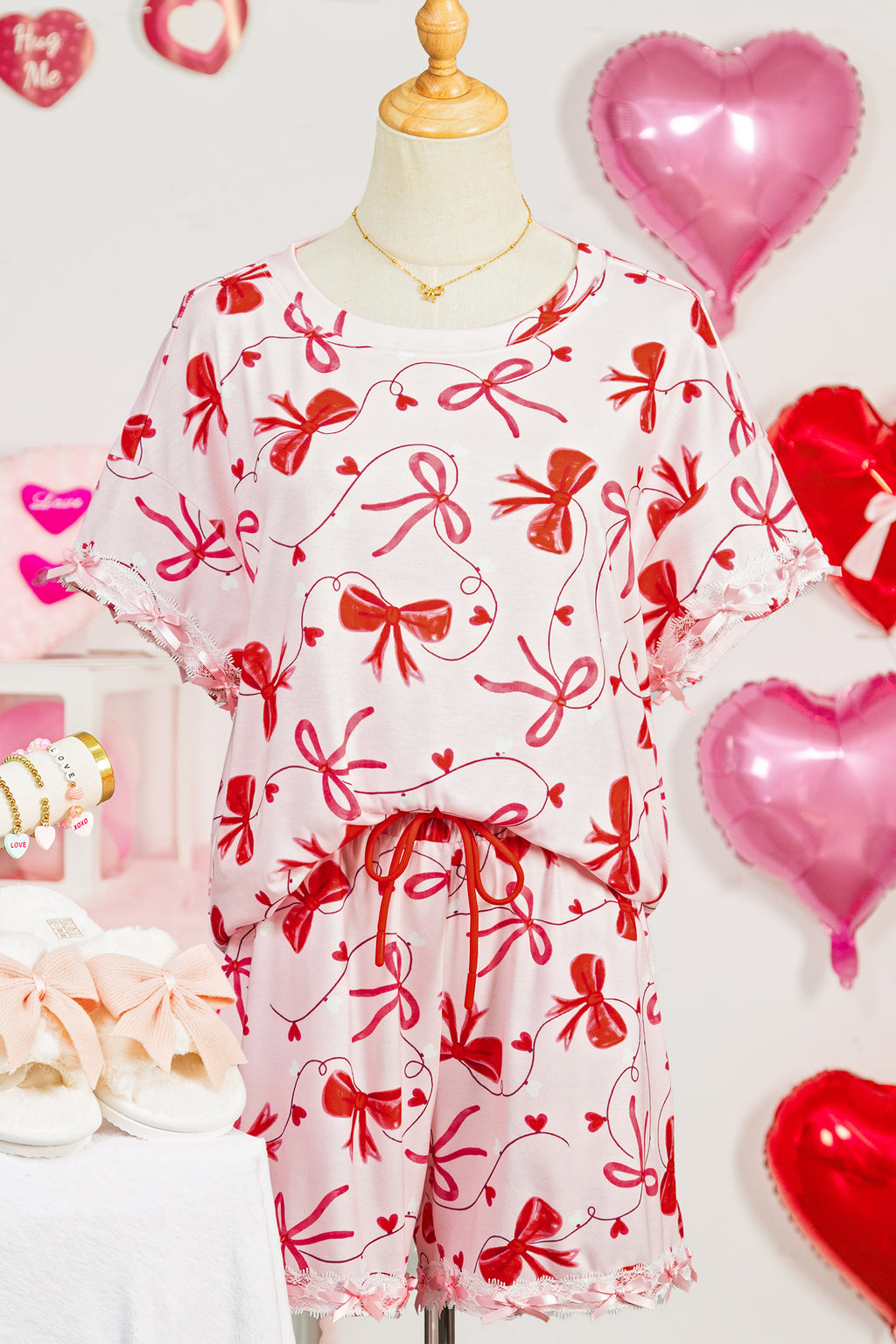 Red Romantic Bow Print Loose Tee Drawstring Shorts 2pcs Lounge Set 🇺🇸