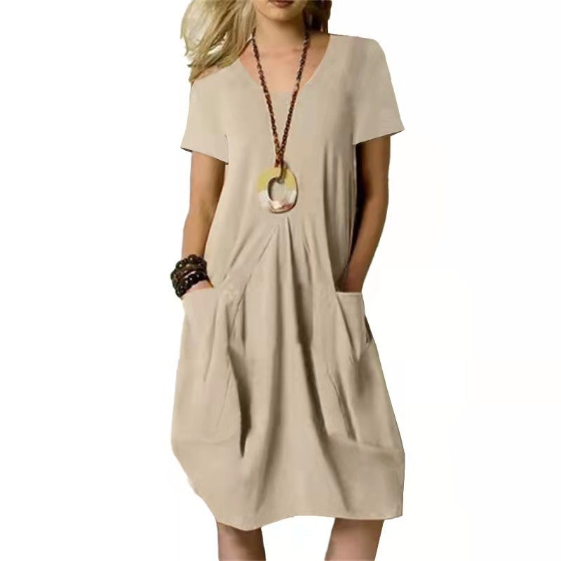 Cotton And Linen Solid Color Loose Round Neck Short Sleeve Dress 🇨🇳