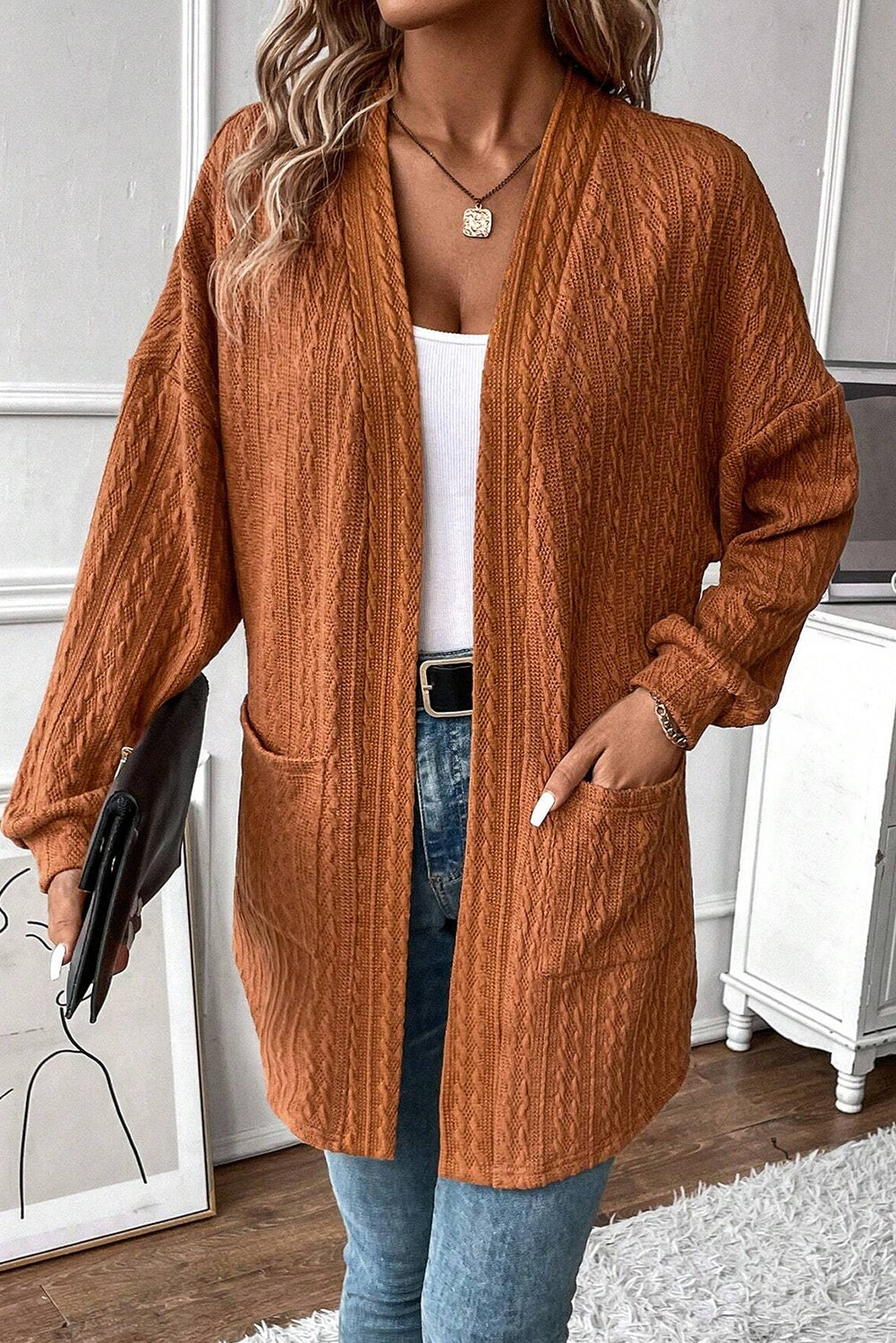 Chestnut Textured Knit Side Pockets Open Front Cardigan 🇨🇳