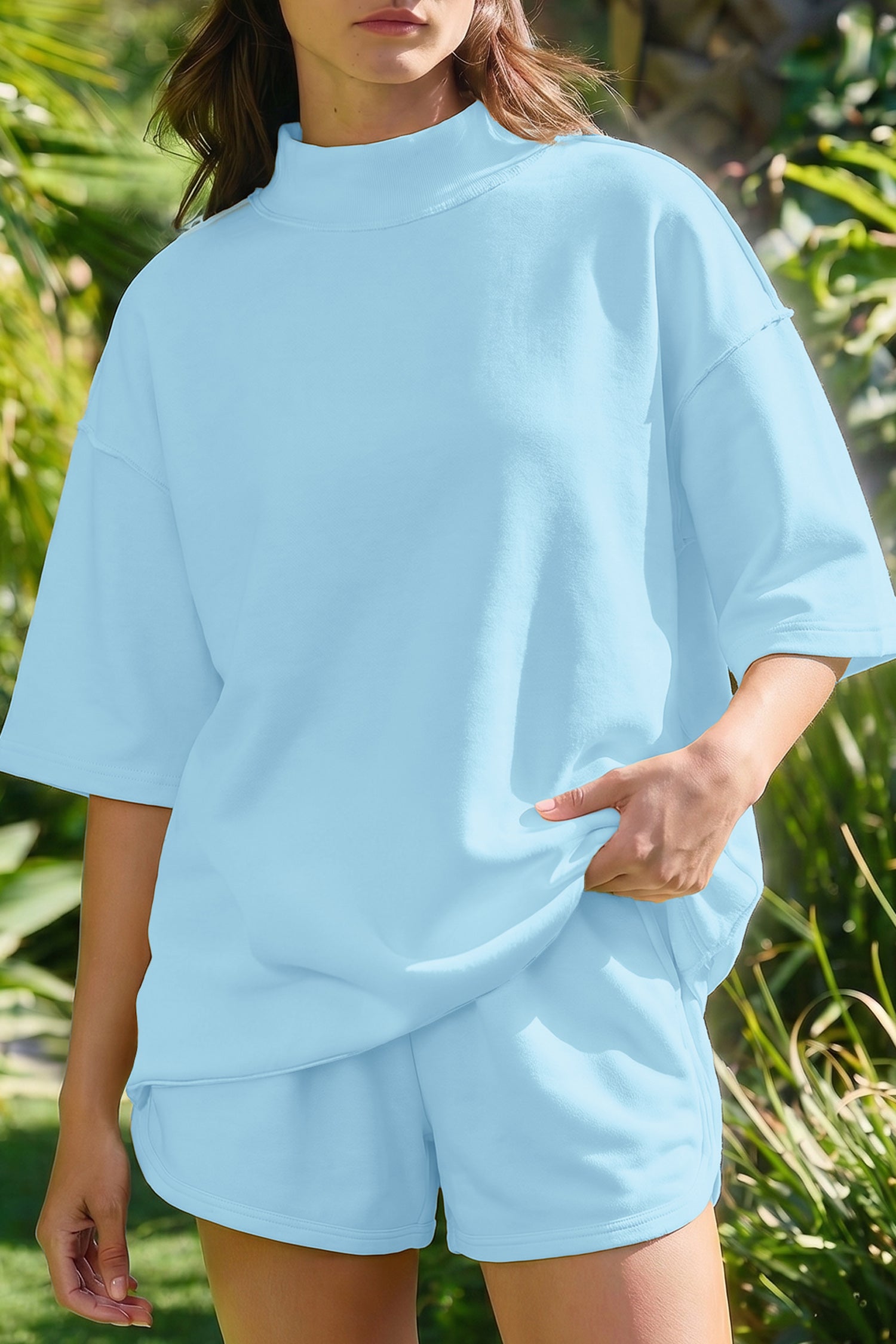 Mist Blue Solid Color Exposed Seam Mock Neck Oversize Tee Casual Shorts 2pcs Outfit 🇺🇸