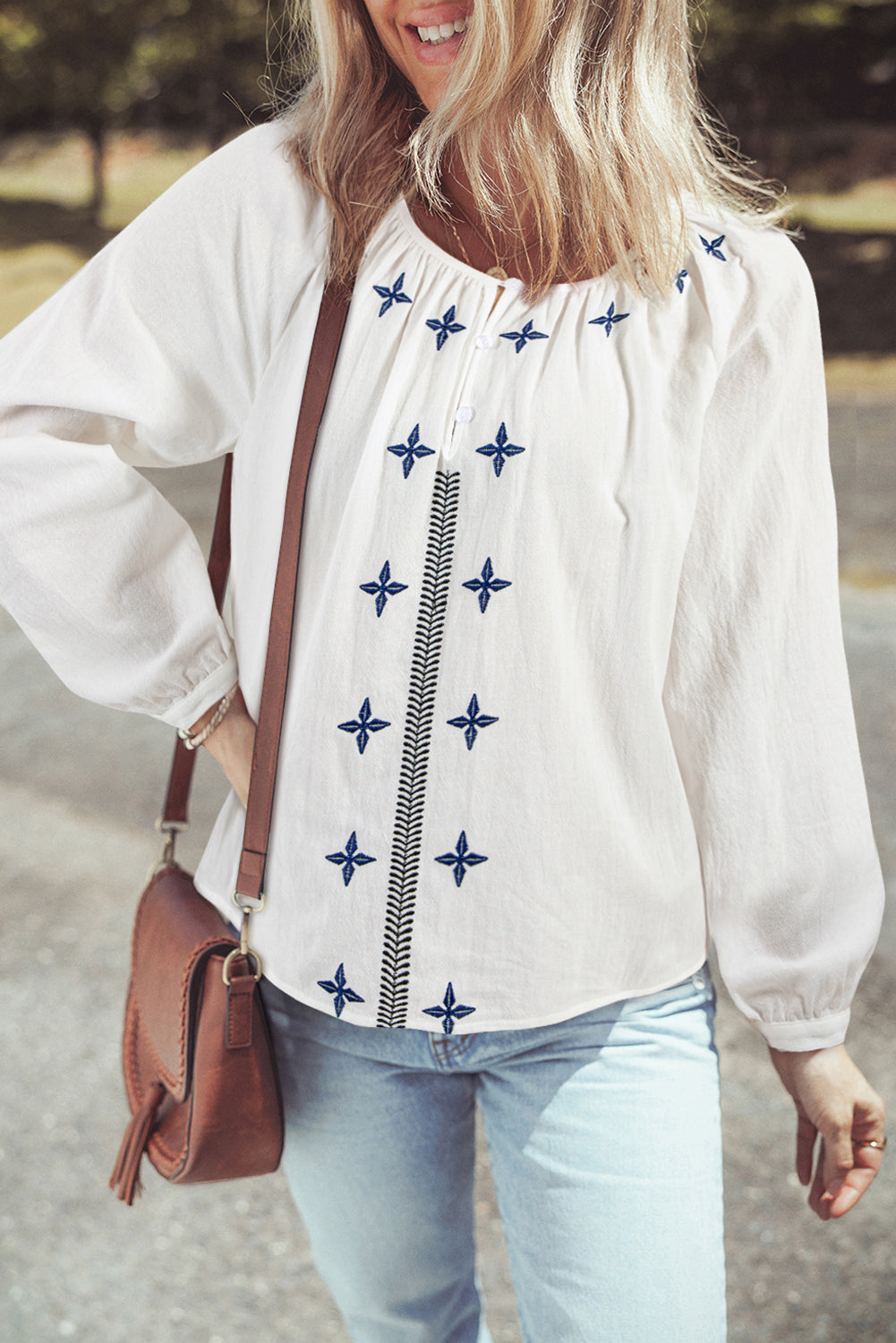 White Geometric Embroidered Long Sleeve Buttoned Blouse 🇺🇸