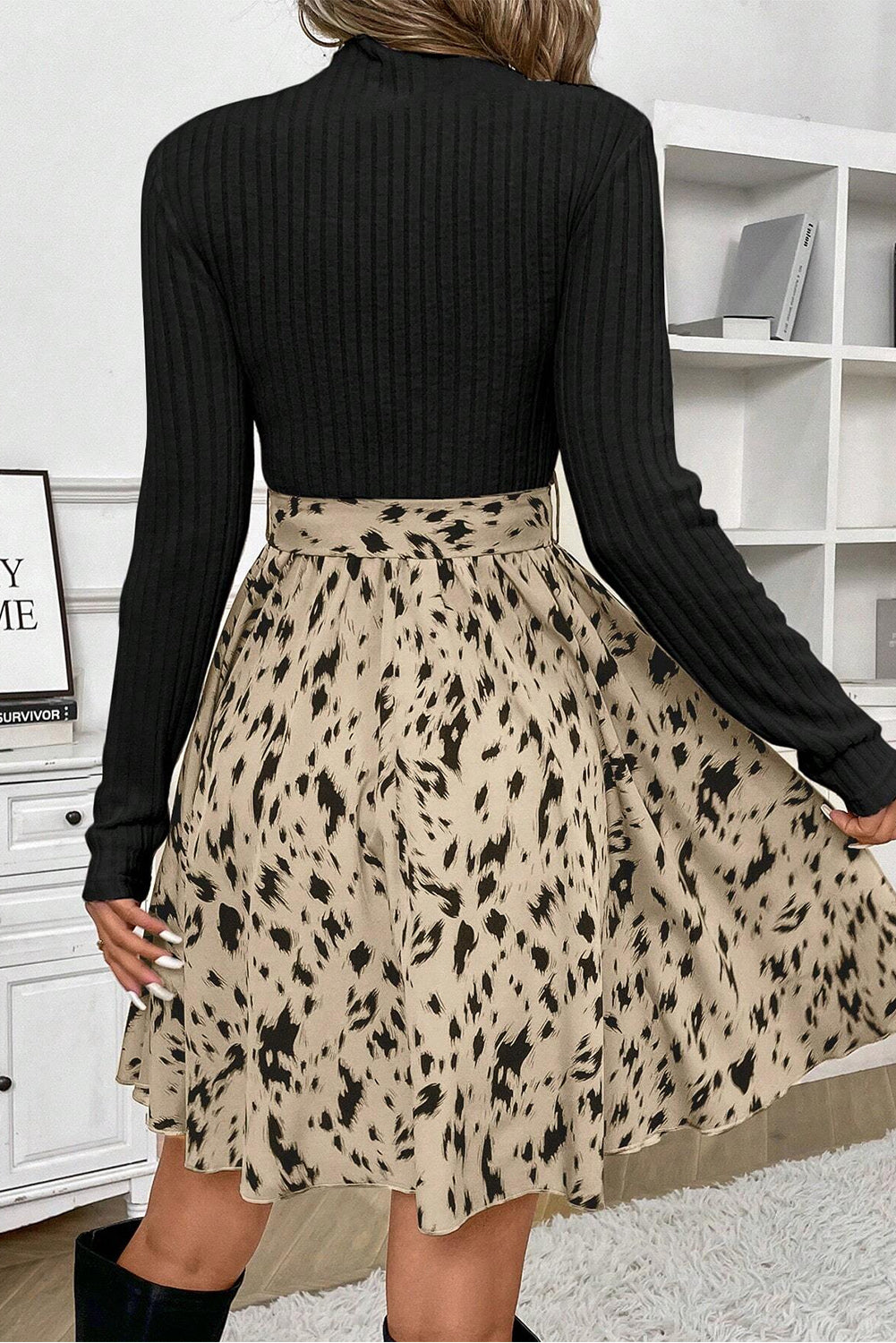 Black Ribbed Knit Patchwork Printed Belted A-line Dress 🇺🇸