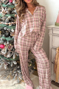 Pink Plaid Patch Pockets Long Sleeve Lounge Set 🇺🇸