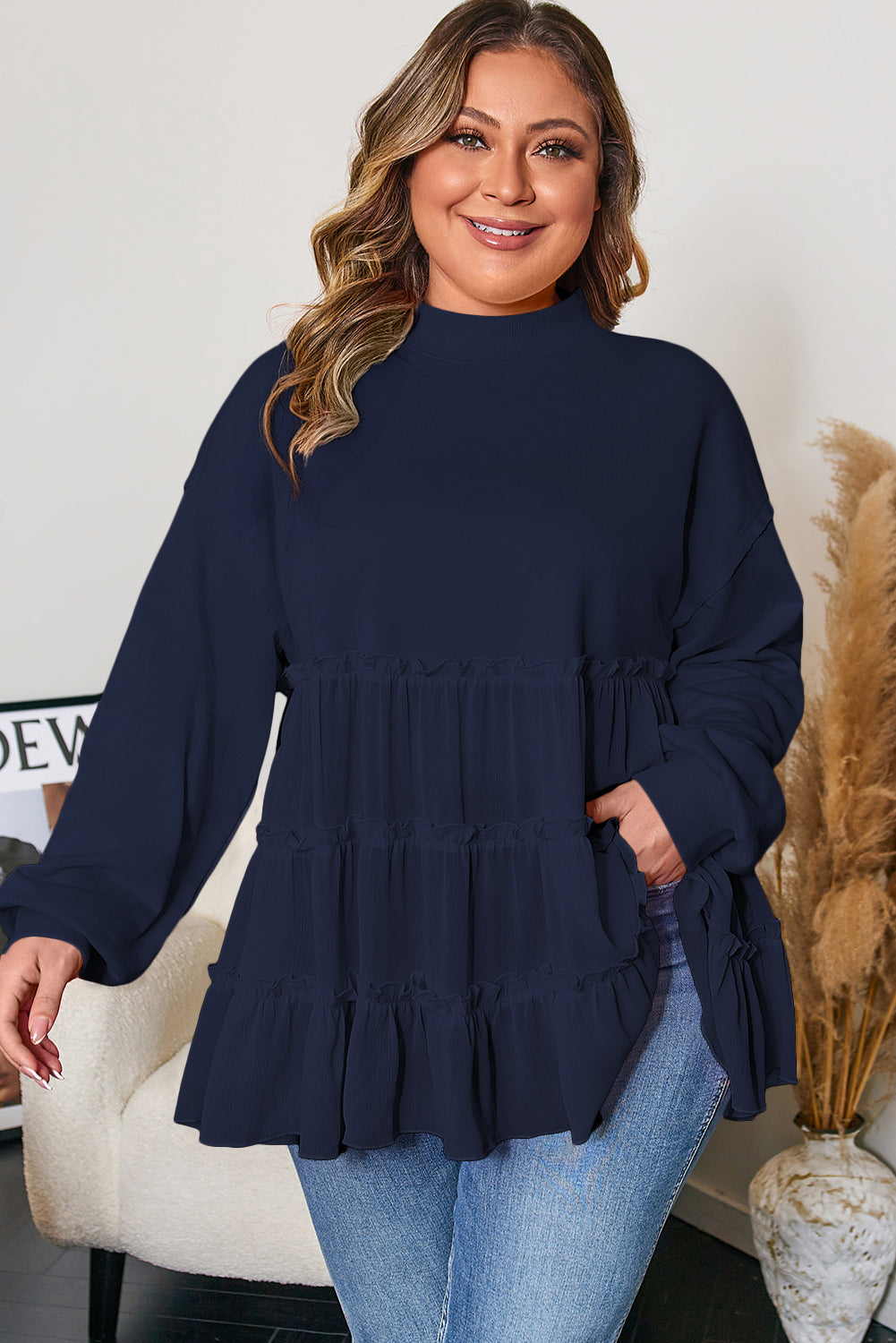 Navy Blue Tiered Ruffle Ribbed Crew Neck Pullover Plus Size Top 🇺🇸