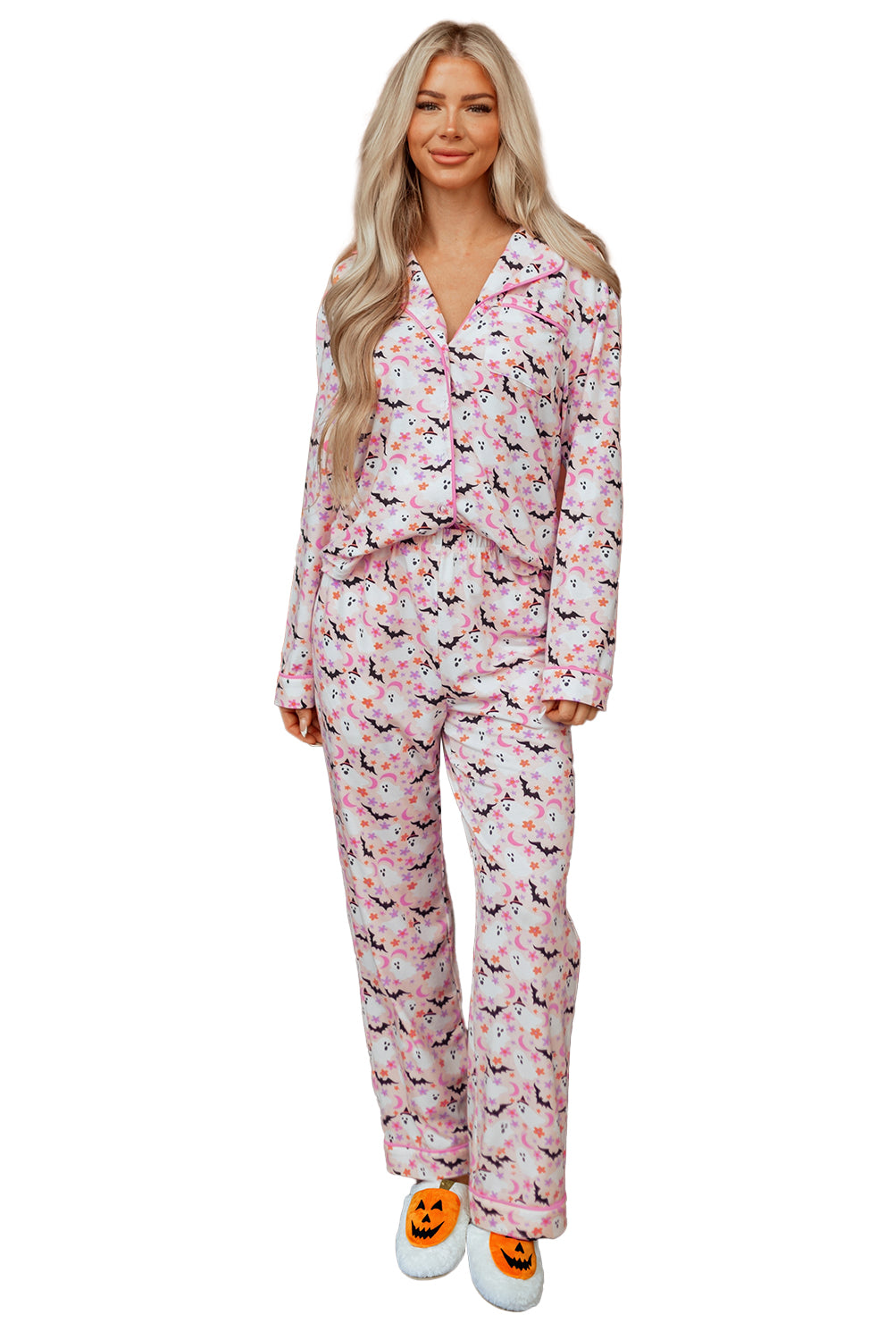 Pink Halloween Eve Haunted Honey Bat Print Pajama Set 🇺🇸