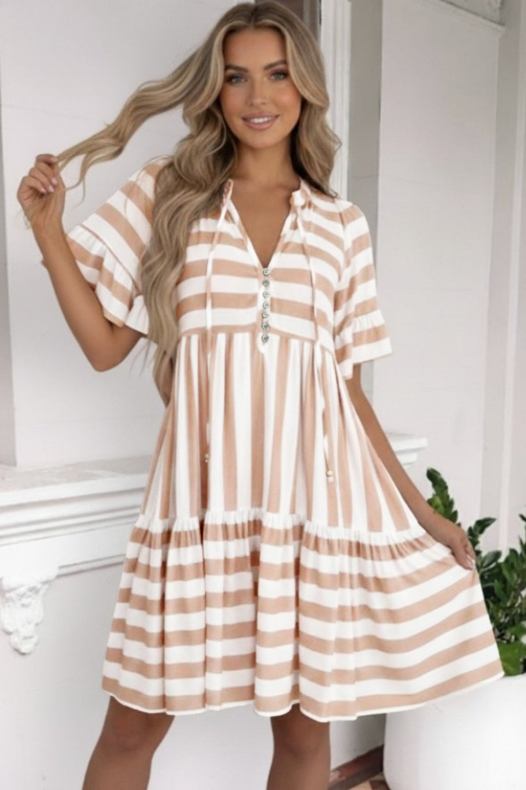 Khaki Stripe Tie V Neck Ruffle Trim Short Sleeve Flared Summer Dress 🇺🇸