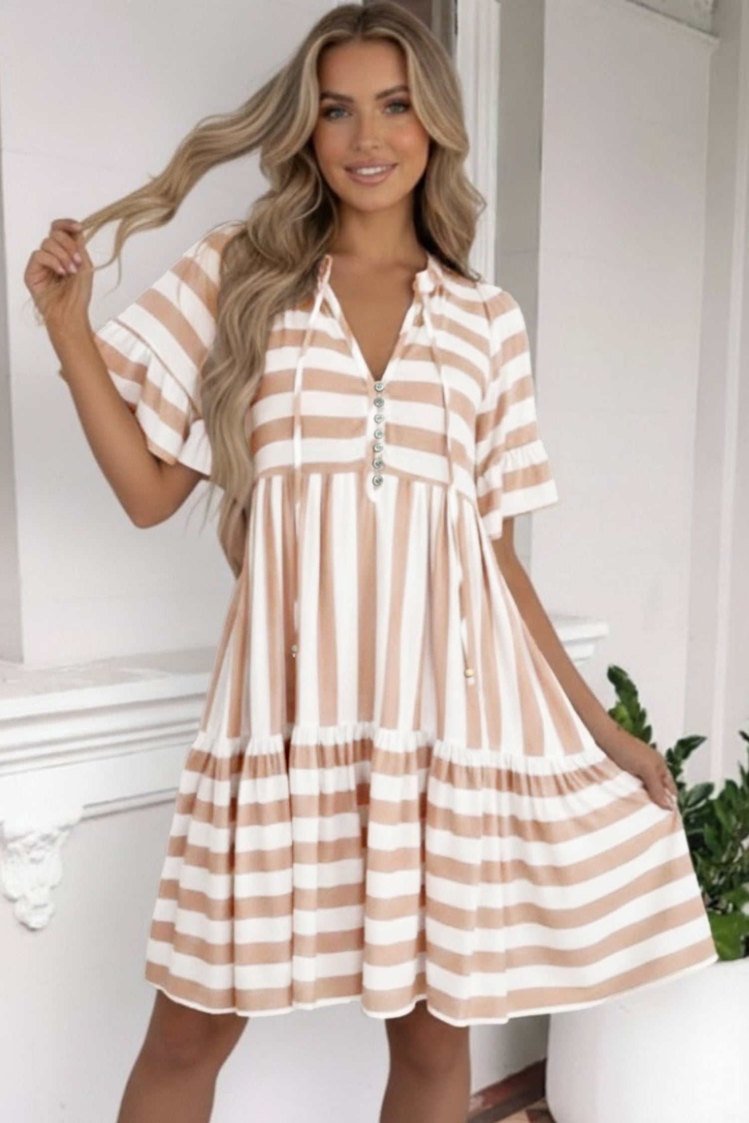 Khaki Stripe Tie V Neck Ruffle Trim Short Sleeve Flared Summer Dress 🇺🇸
