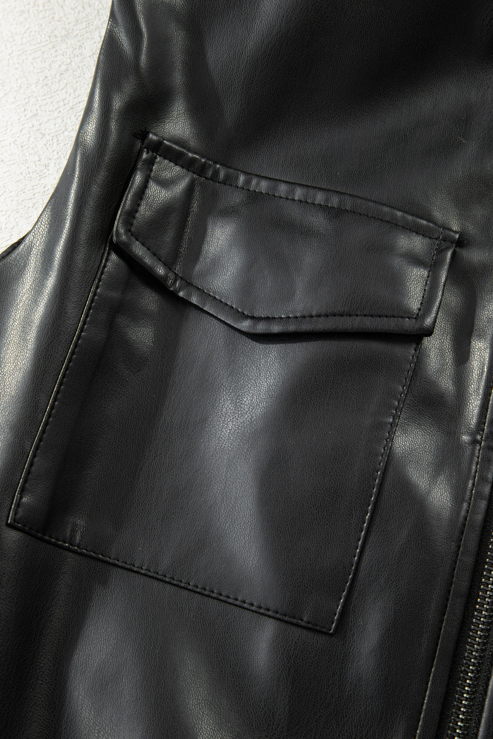 Black Double Flap Pocket Faux Leather Zip Up Stand Neck Vest 🇺🇸