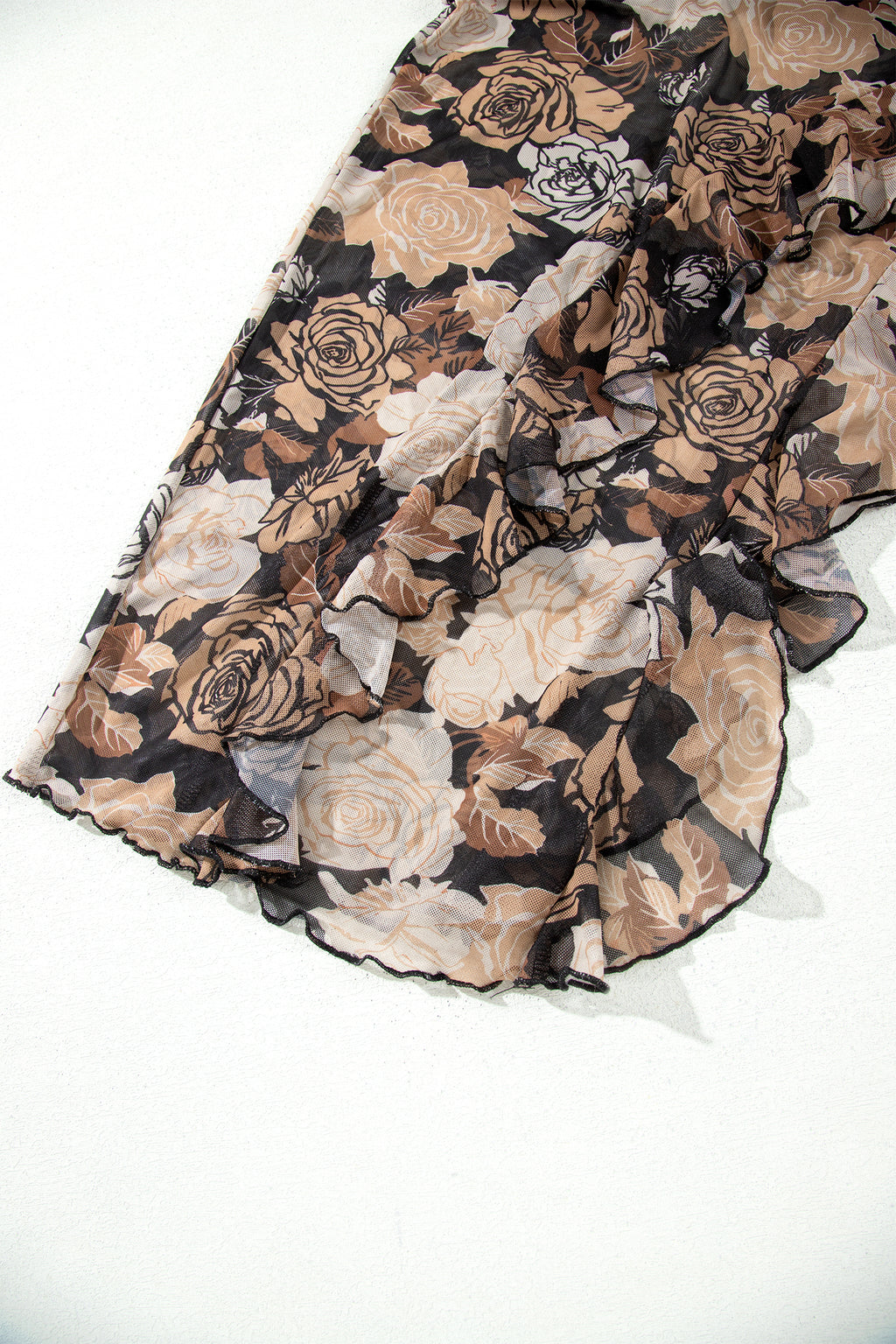 Black Floral Long Sleeve Asymmetric Ruffle Split Hem Mesh Dress 🇺🇸