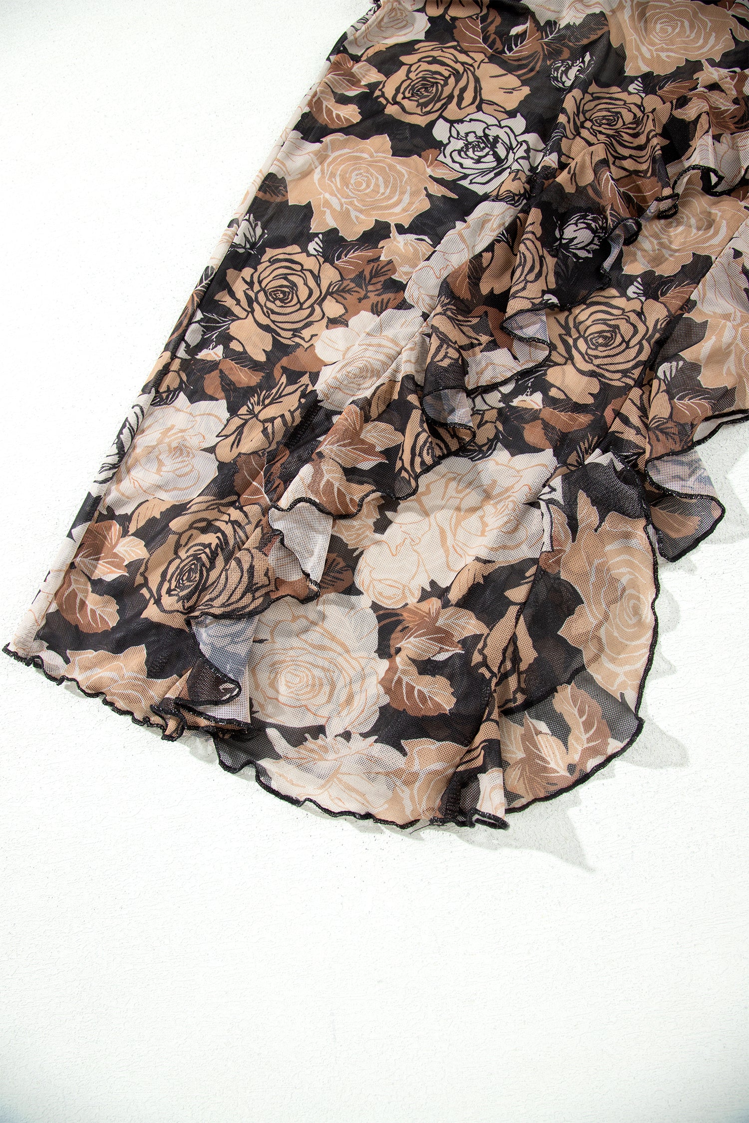 Black Floral Long Sleeve Asymmetric Ruffle Split Hem Mesh Dress 🇺🇸