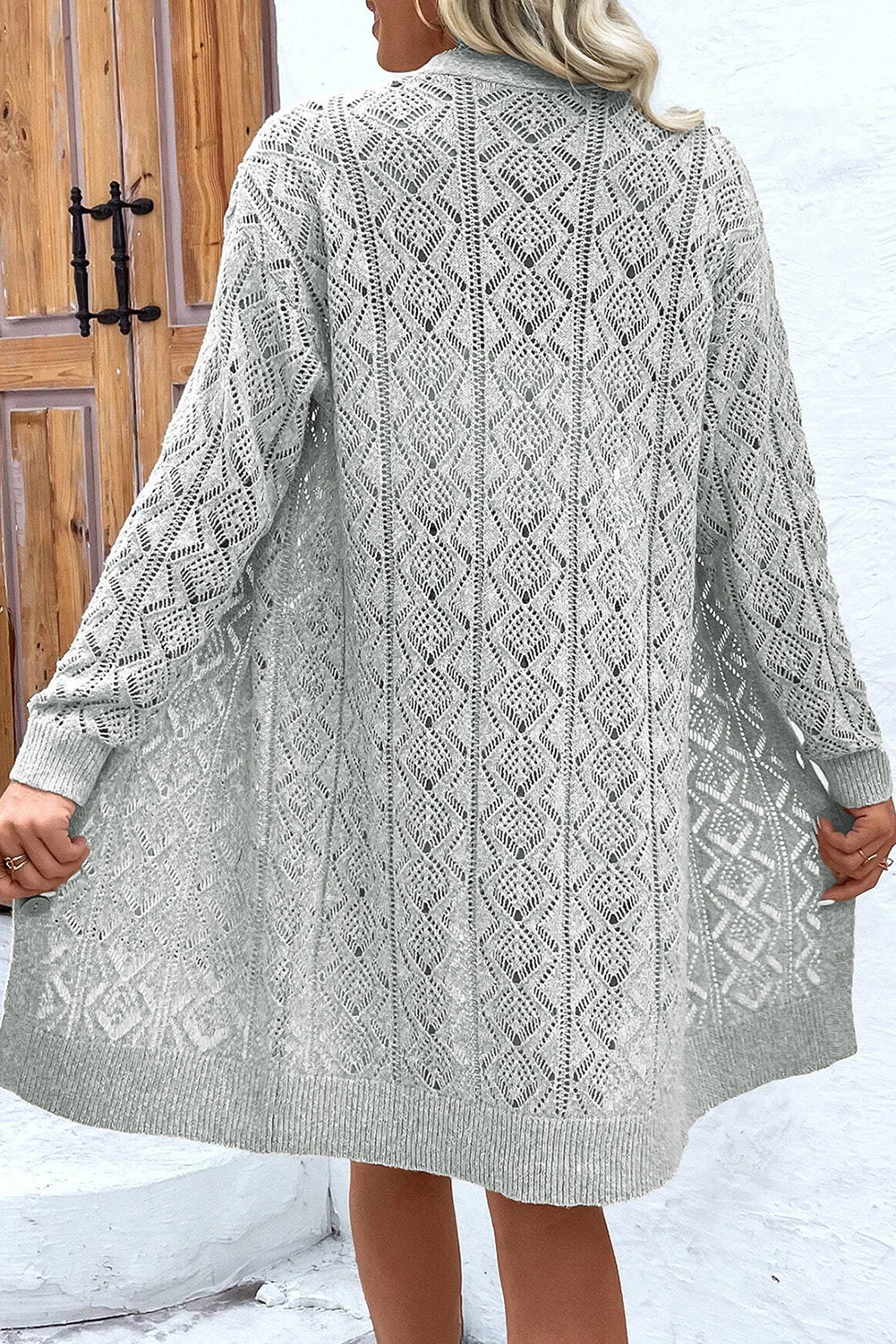 Gray Hollow Out Buttons Front Long Cardigan 🇨🇳