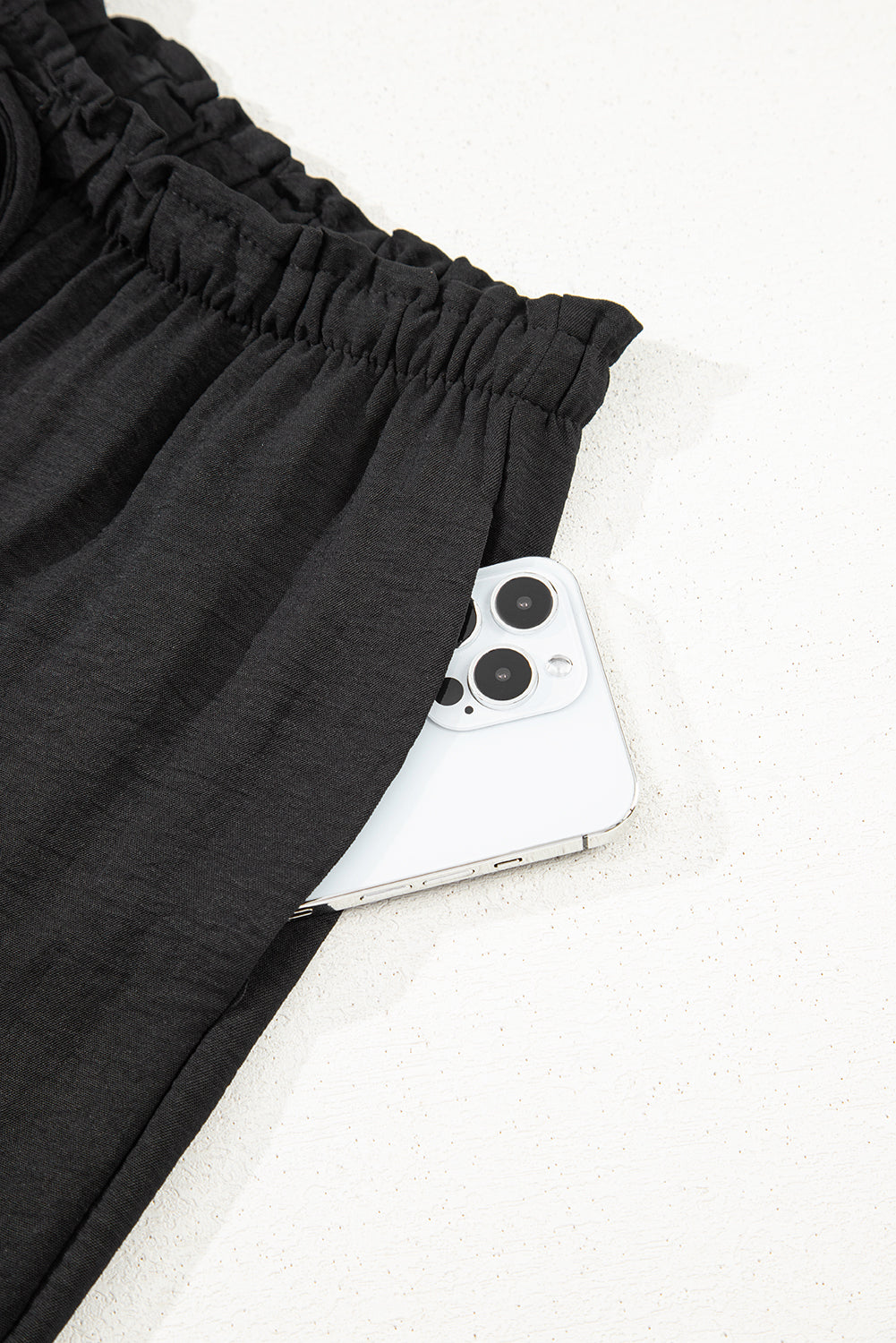 Black Drawstring Frilled Waist Wide Leg Utility Trousers 🇺🇲