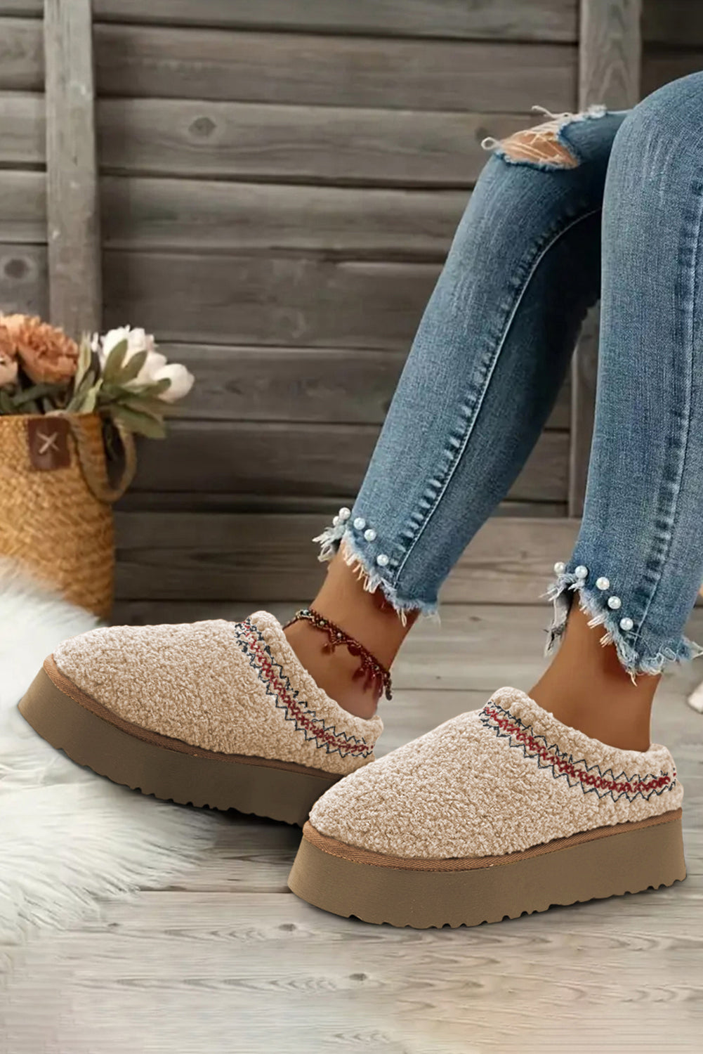 Oatmeal Soft Plush Embroidered Detail Flat Platform Slippers 🇺🇸