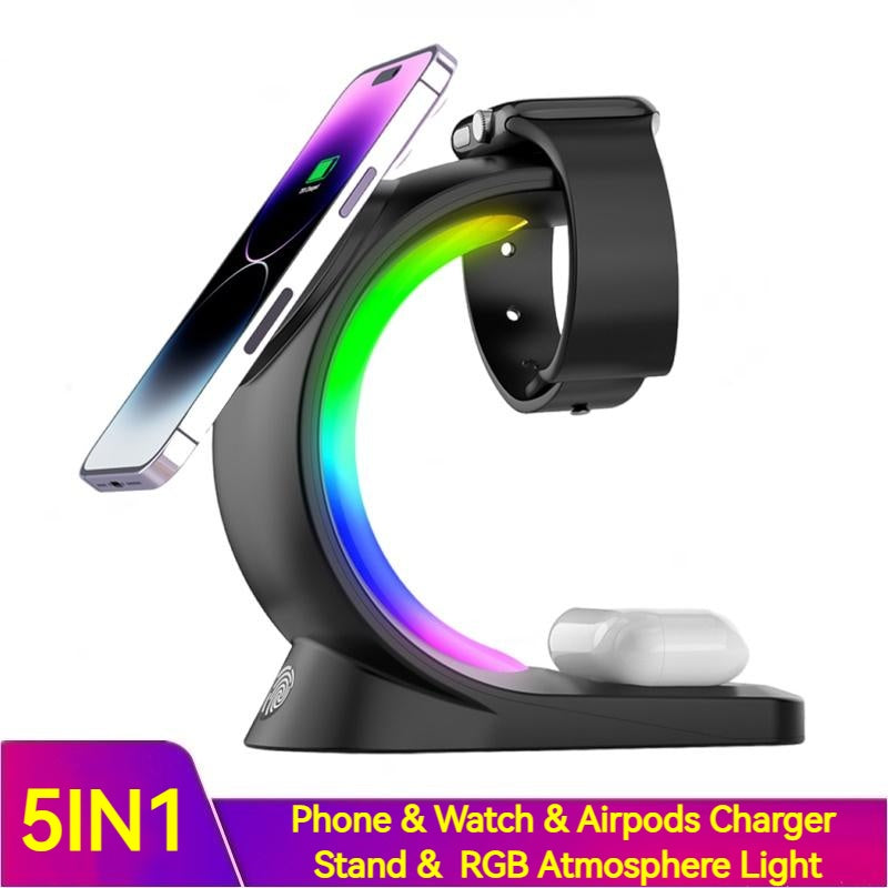 4 In 1 Magnetic Wireless Fast Charging For Smart Phone Atmosphere Light Charging Station For Airpods Pro I-phone Watch 🇨🇳