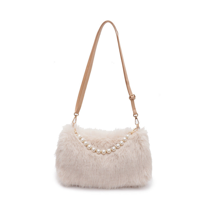 Autumn And Winter Fashion Shoulder Bags Pearl Chain Crossbody Bag Versatile Commuting Armpit Plush Female Bag 🇨🇳