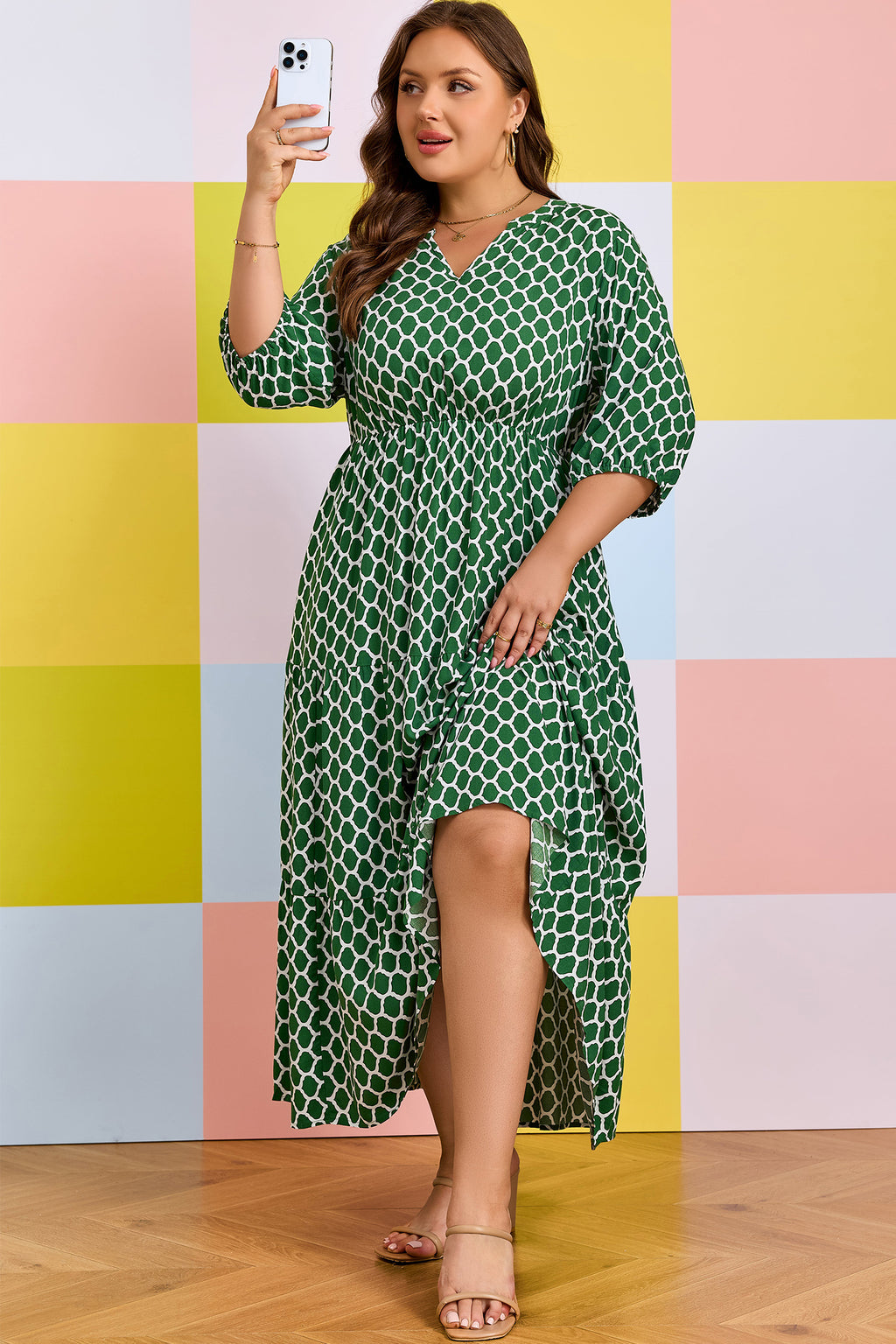Green Plus Size Geometric Print Pocketed Ruffle Hem Casual Dress 🇺🇸