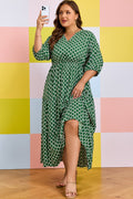 Green Plus Size Geometric Print Pocketed Ruffle Hem Casual Dress 🇺🇸