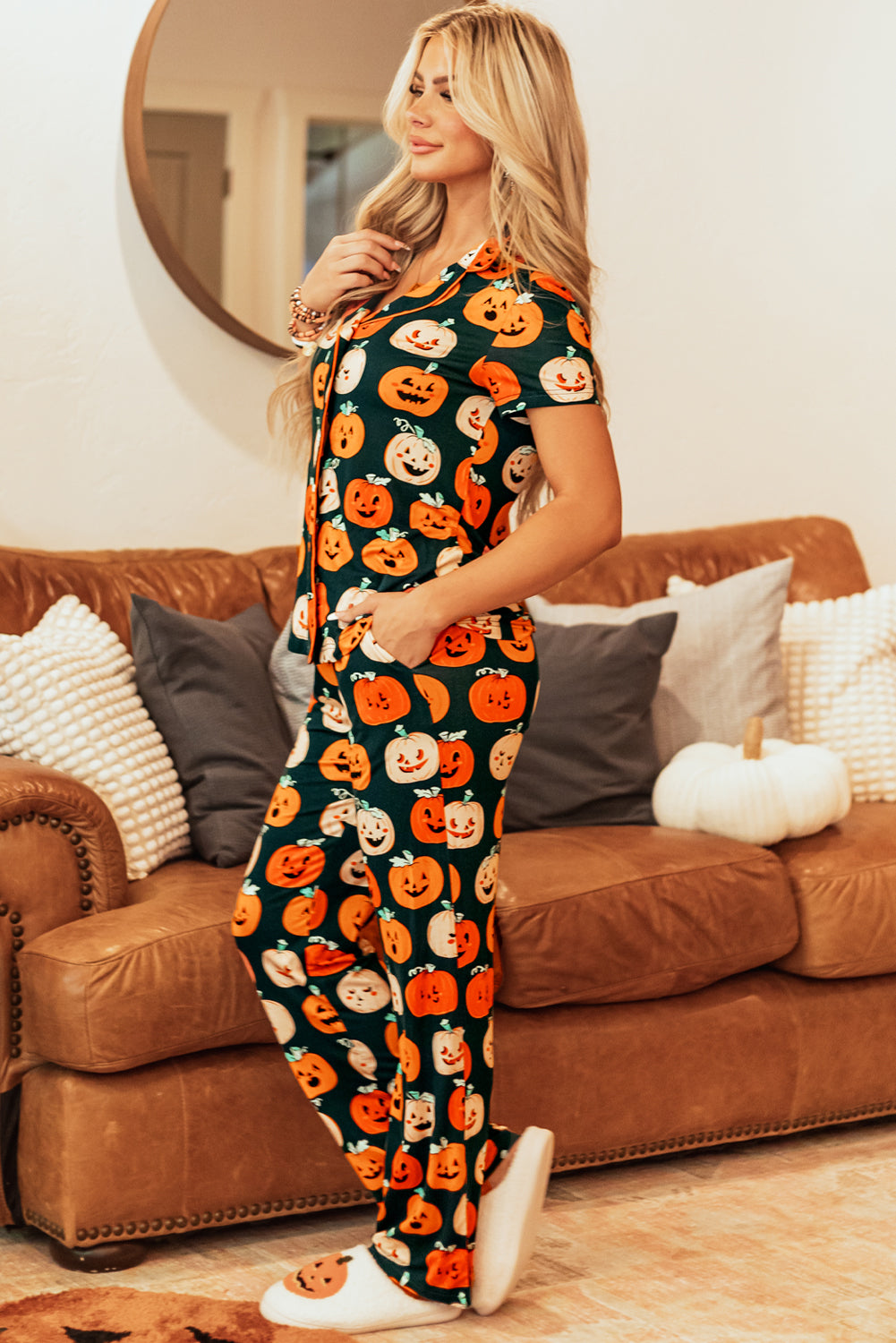 Orange Halloween Pattern Short Sleeve Shirt Pajama Set 🇺🇸