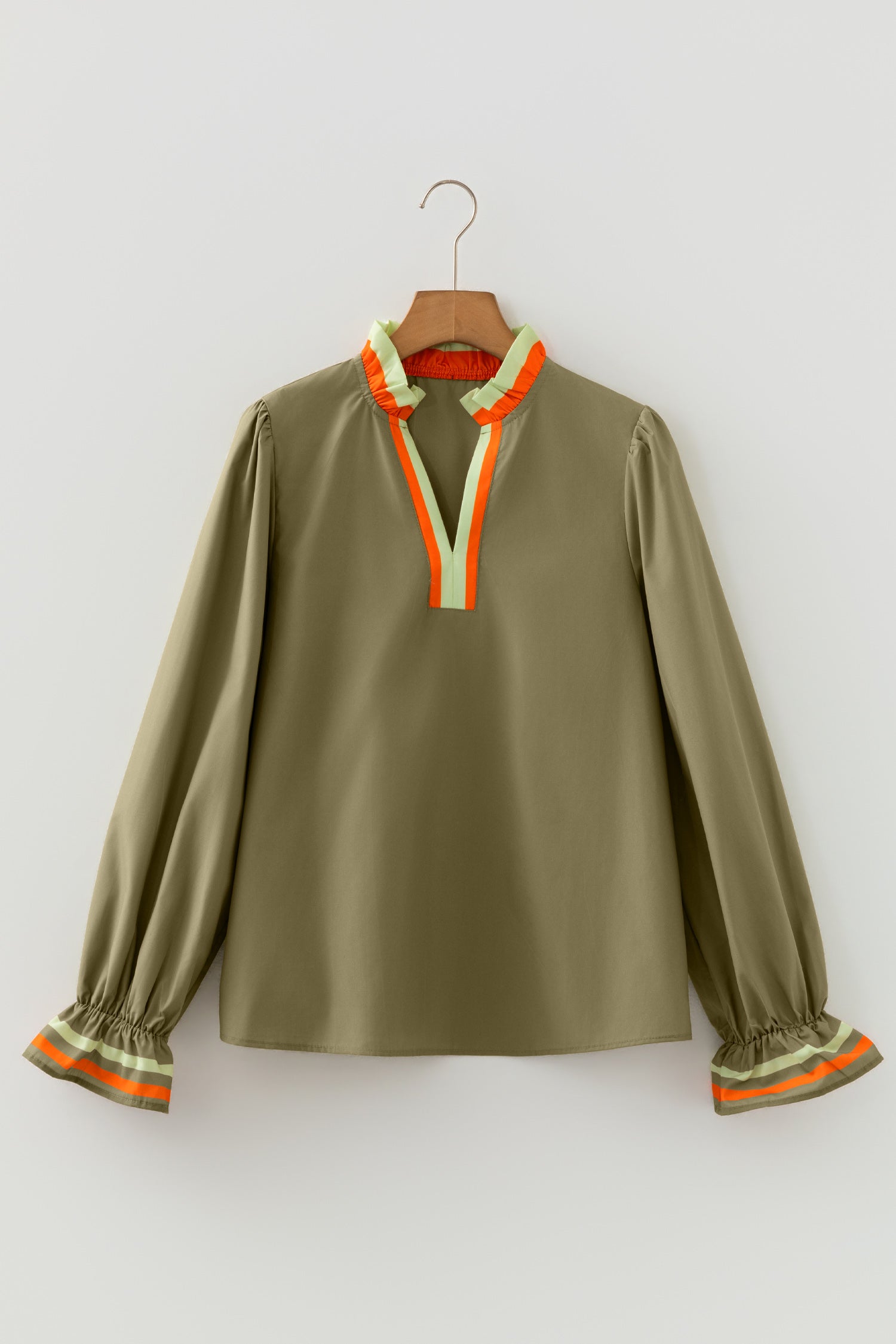 Four Leaf Clover Striped Trim Ruffle Split Neck Long Sleeve Blouse 🇺🇸