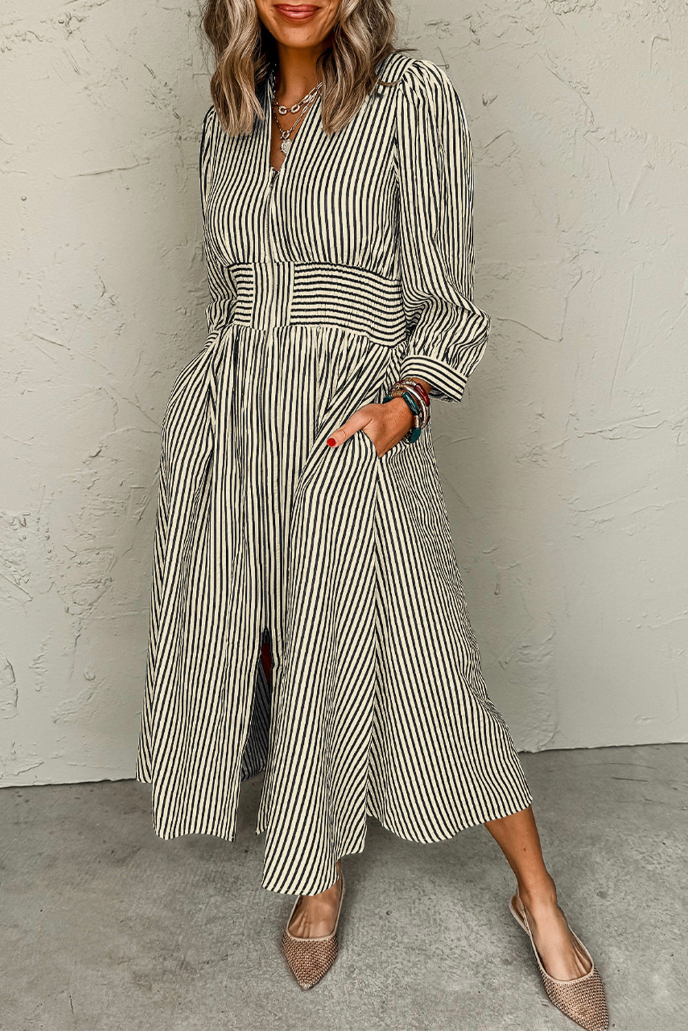 Black Stripe V Neck Zip Front Cinched High Waist Midi Dress 🇺🇸