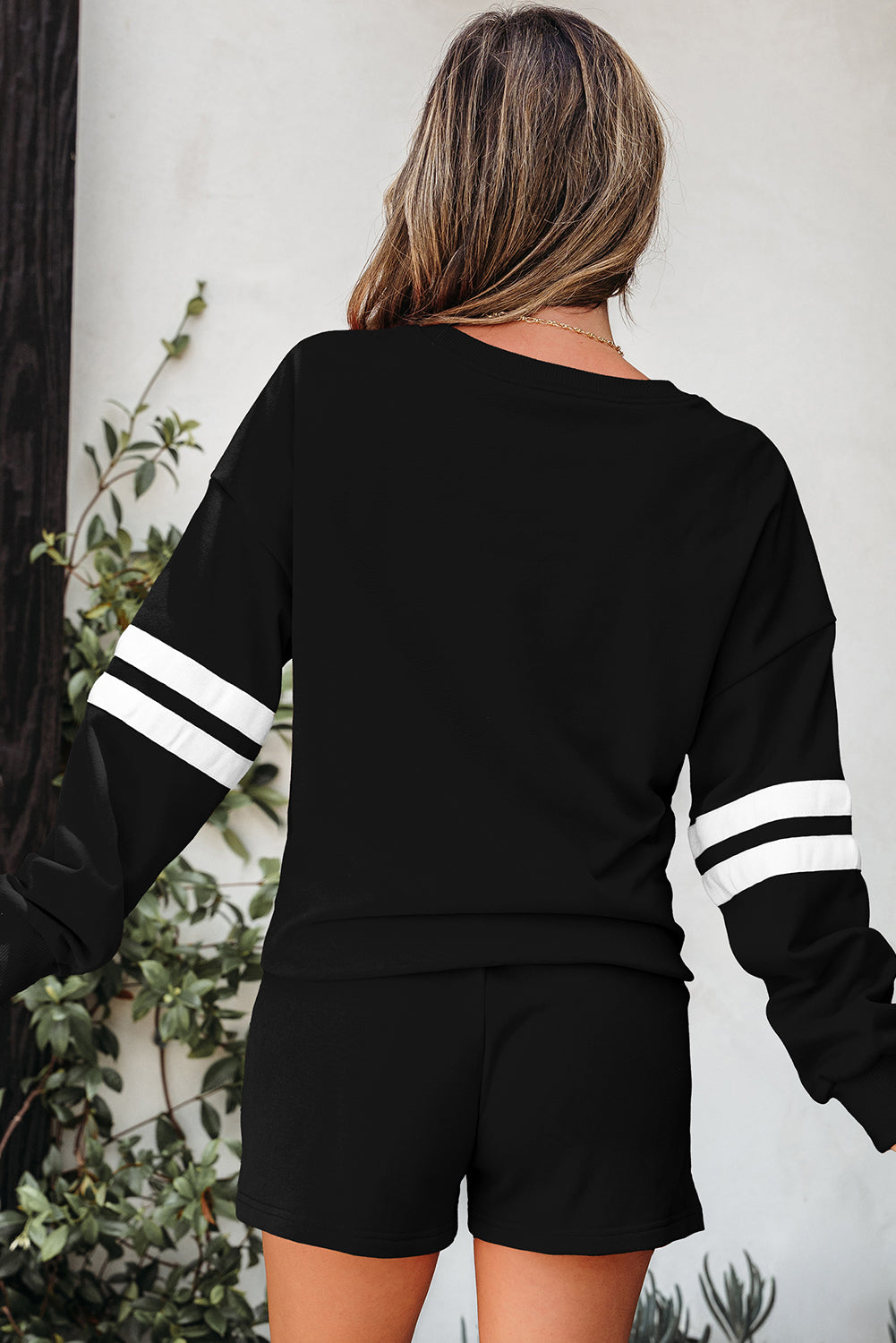 Black Varsity Striped Sleeve Drop Shoulder Sweatshirt and Short Set 🇺🇲