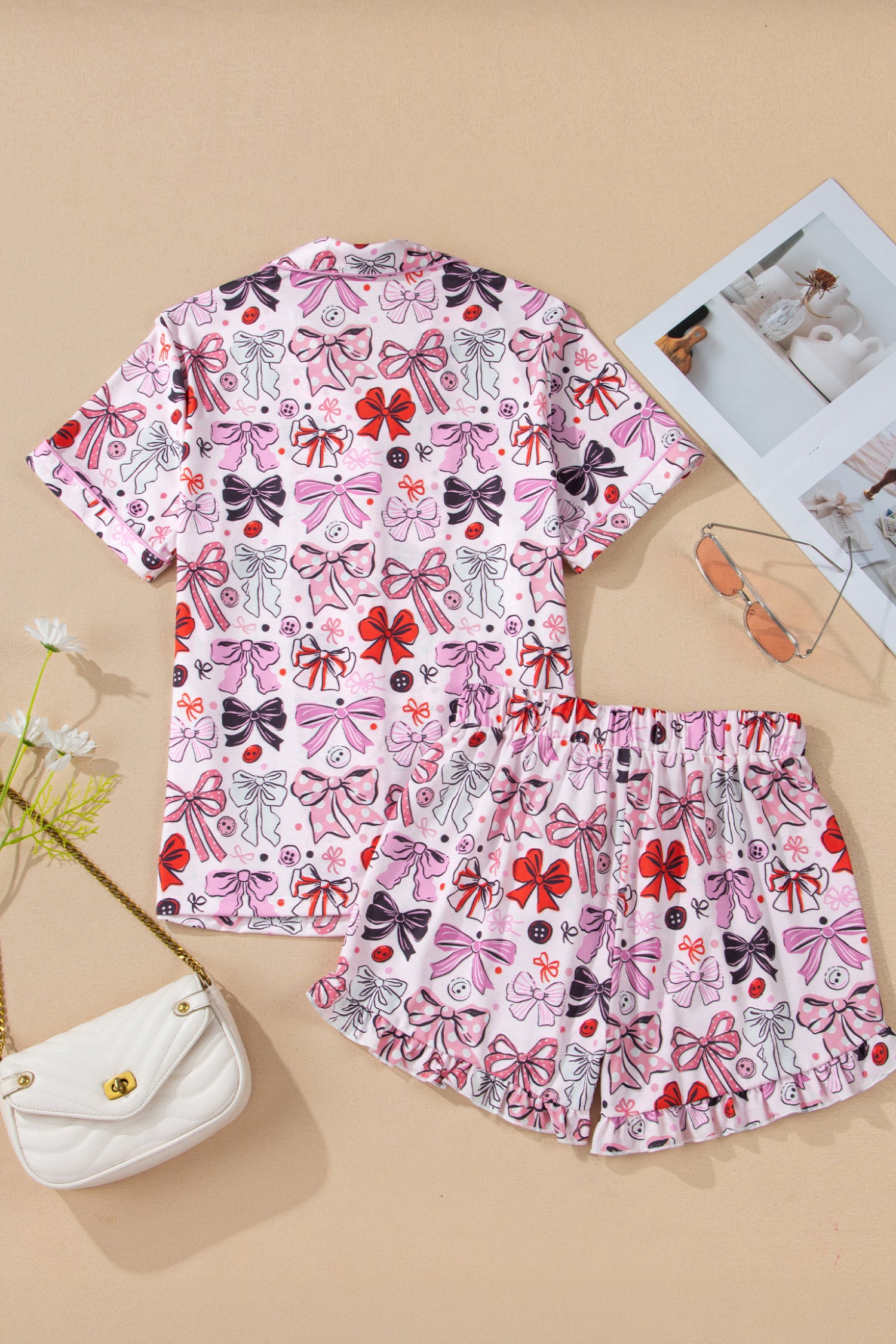 Pink Cute Ribbon Bows Printed Shirt Style 2pcs Short Pajama Set 🇺🇸