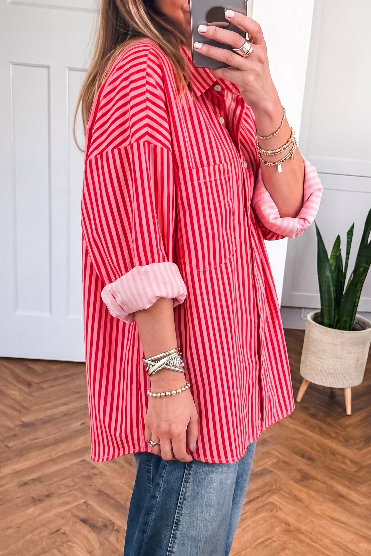 Red Stripe Button-Up Shirt Long Sleeve Patch Pocket Casual Shirt 🇺🇸