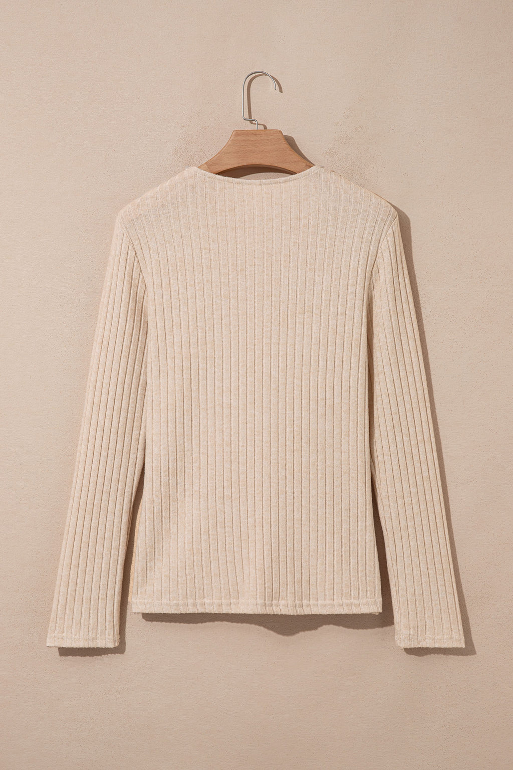 Apricot Solid Color Ribbed Knit Cowl Neck Long Sleeve Top 🇺🇸